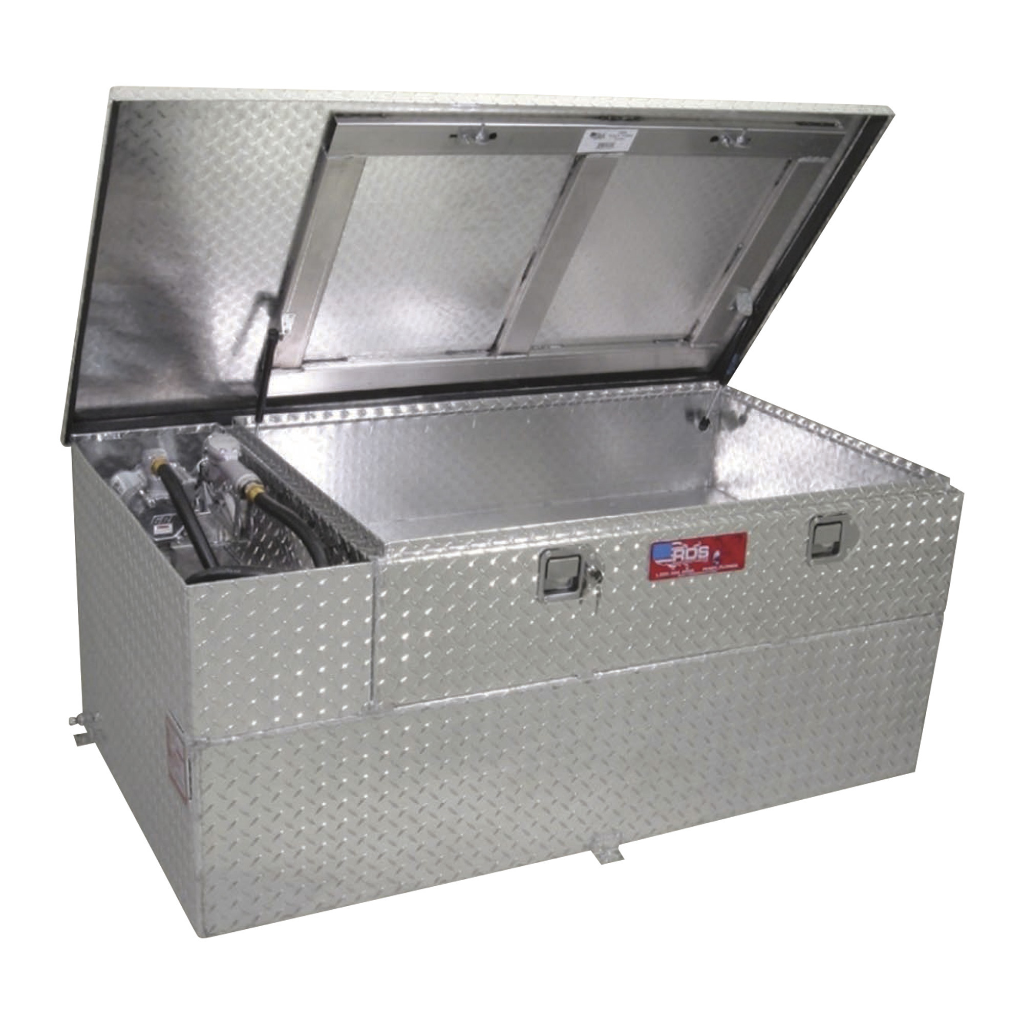 RDS Aluminum Transfer Fuel Tank Toolbox Combo with GPI 12V Fuel Transfer Pump, 90-Gallon, Rectangular, Diamond Plate, 15 GPM, Model# 73960