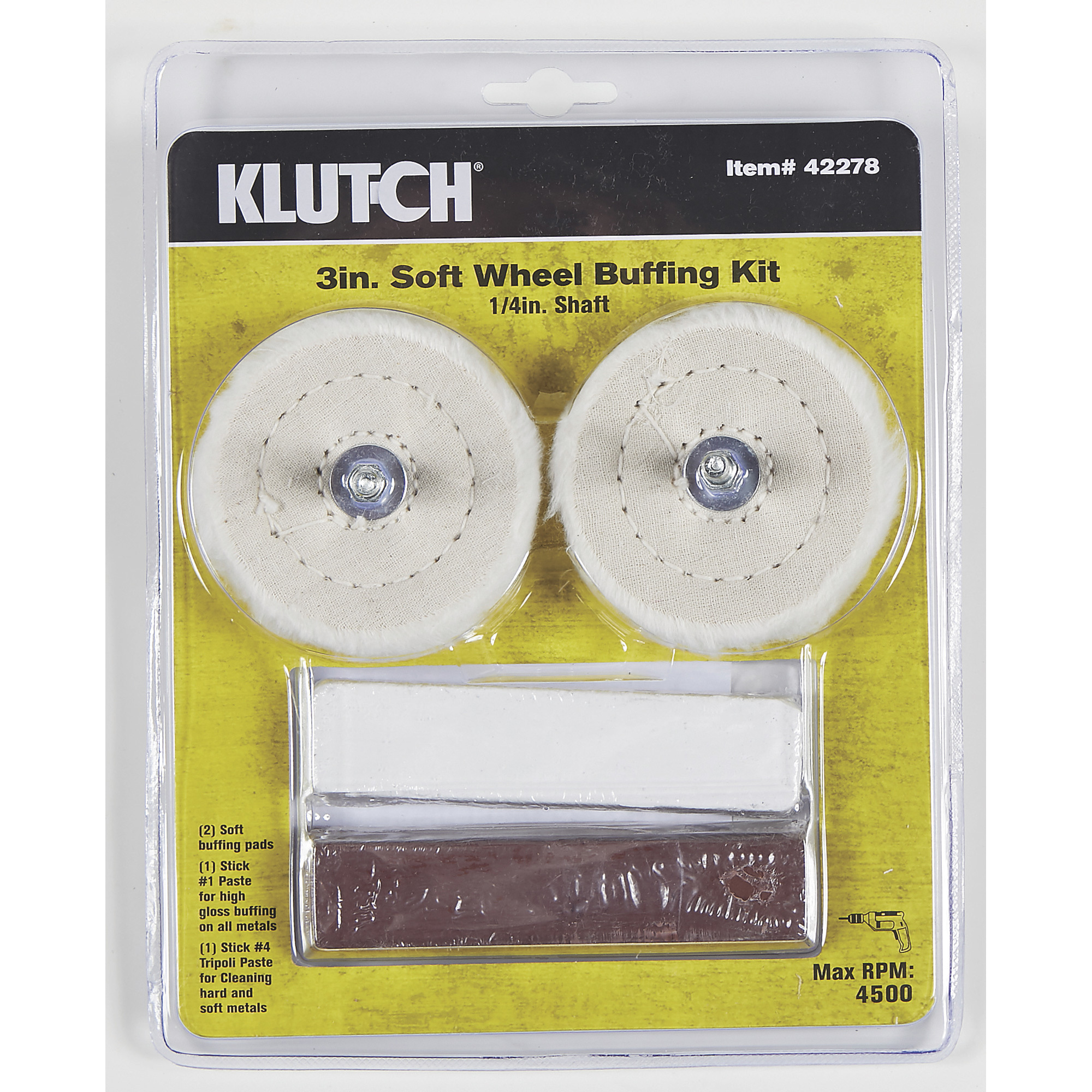 Klutch 3in Buffing Kit w/Pads & Paste 4-pc for Use w/Power Drills w/4500 Max RPM
