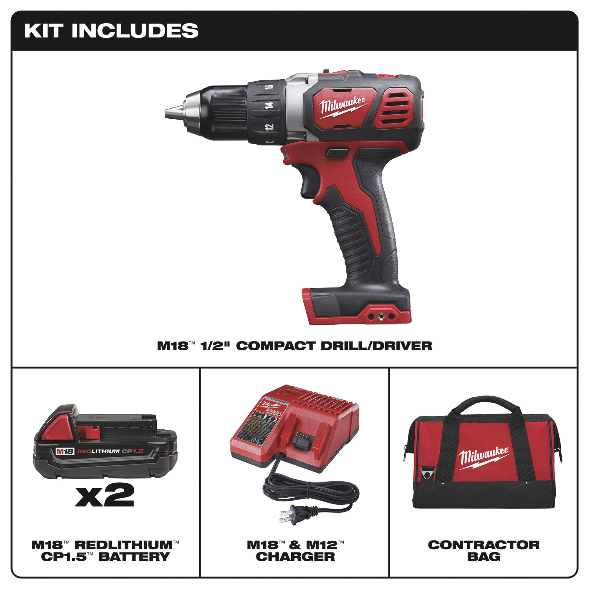 Milwaukee M18 LiIon Cordless Compact Electric Drill Driver Kit — 2