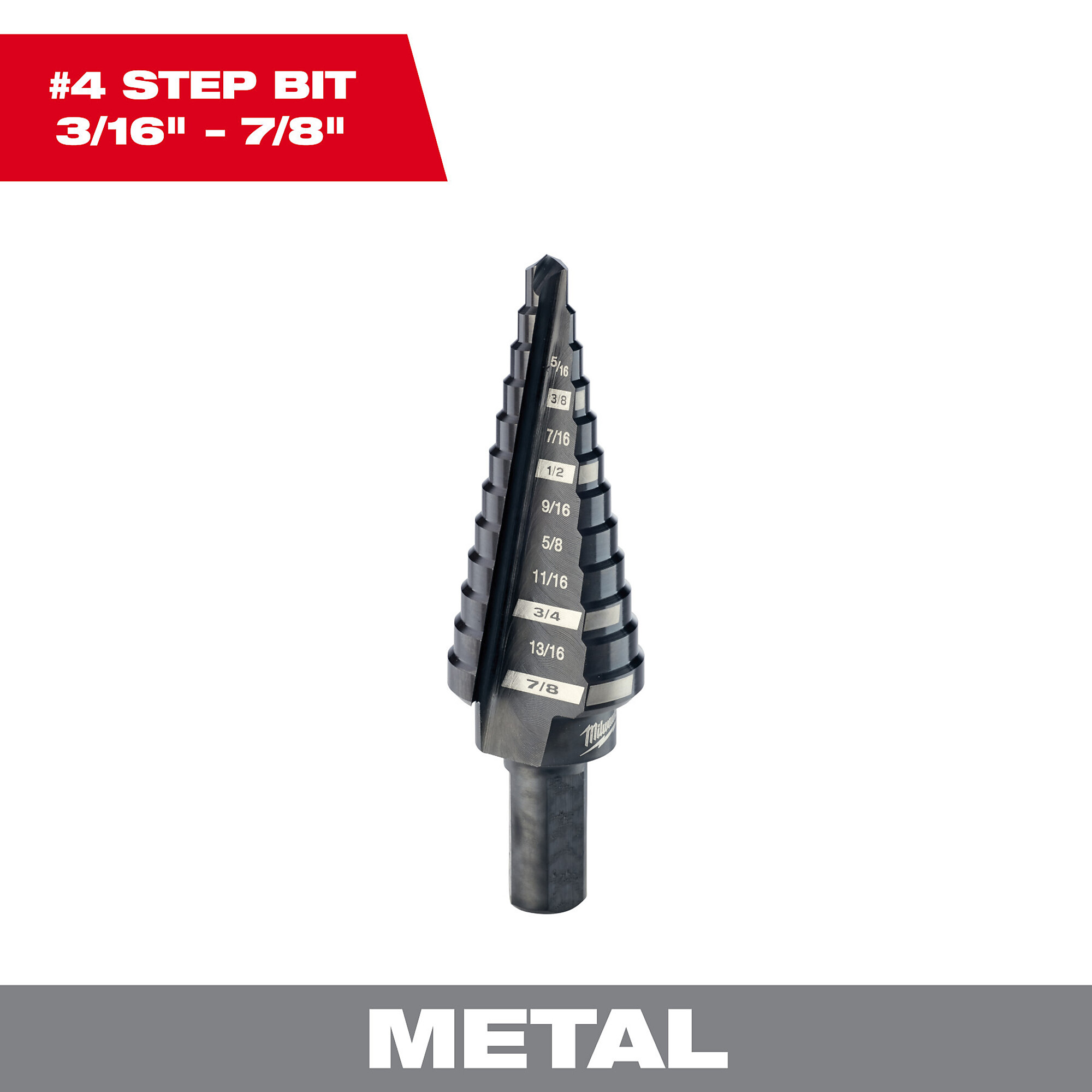 Milwaukee Step Drill Bit, #4, 3/16in. to 7/8in. by 1/16ths, Model# 48-89-9204