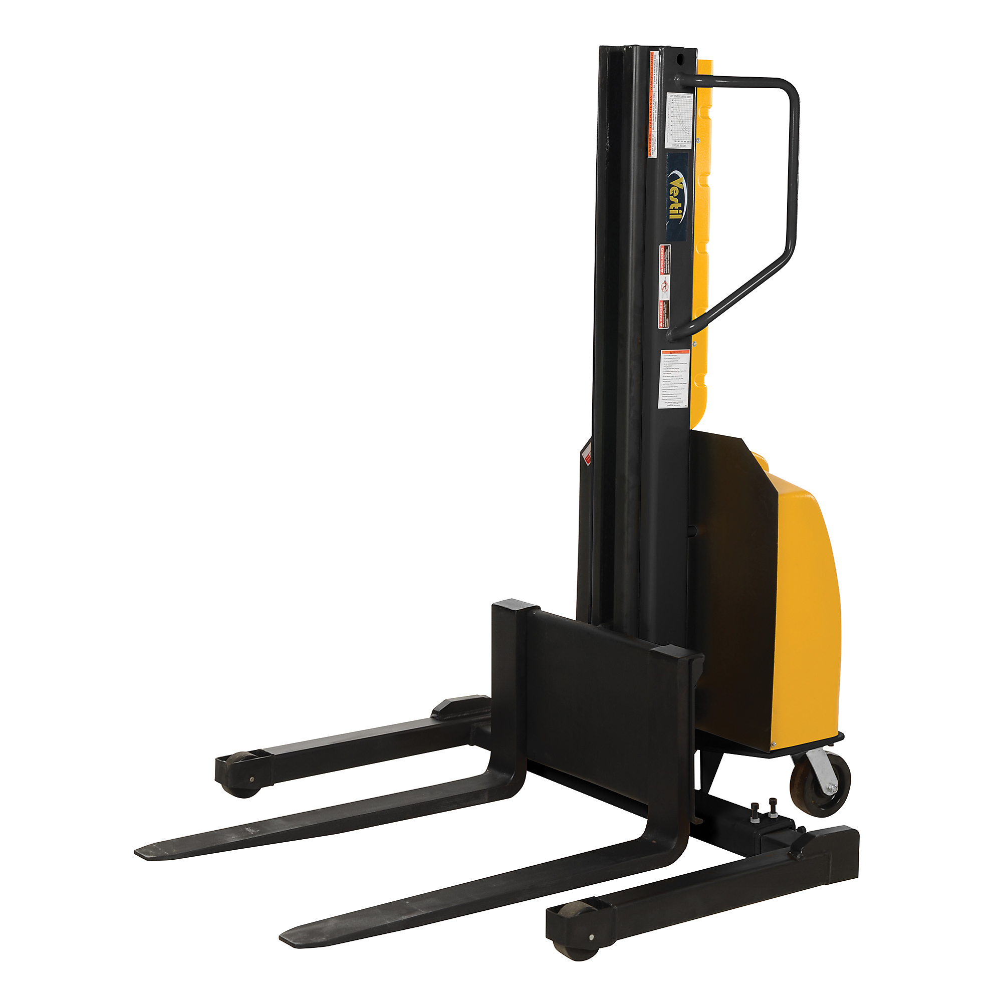 Vestil Narrow Mast Stacker - DC Powered, Adjustable Forks and Legs, 1500-Lb. Capacity, 118in. Raised Height, Model# SLNM-118-AA