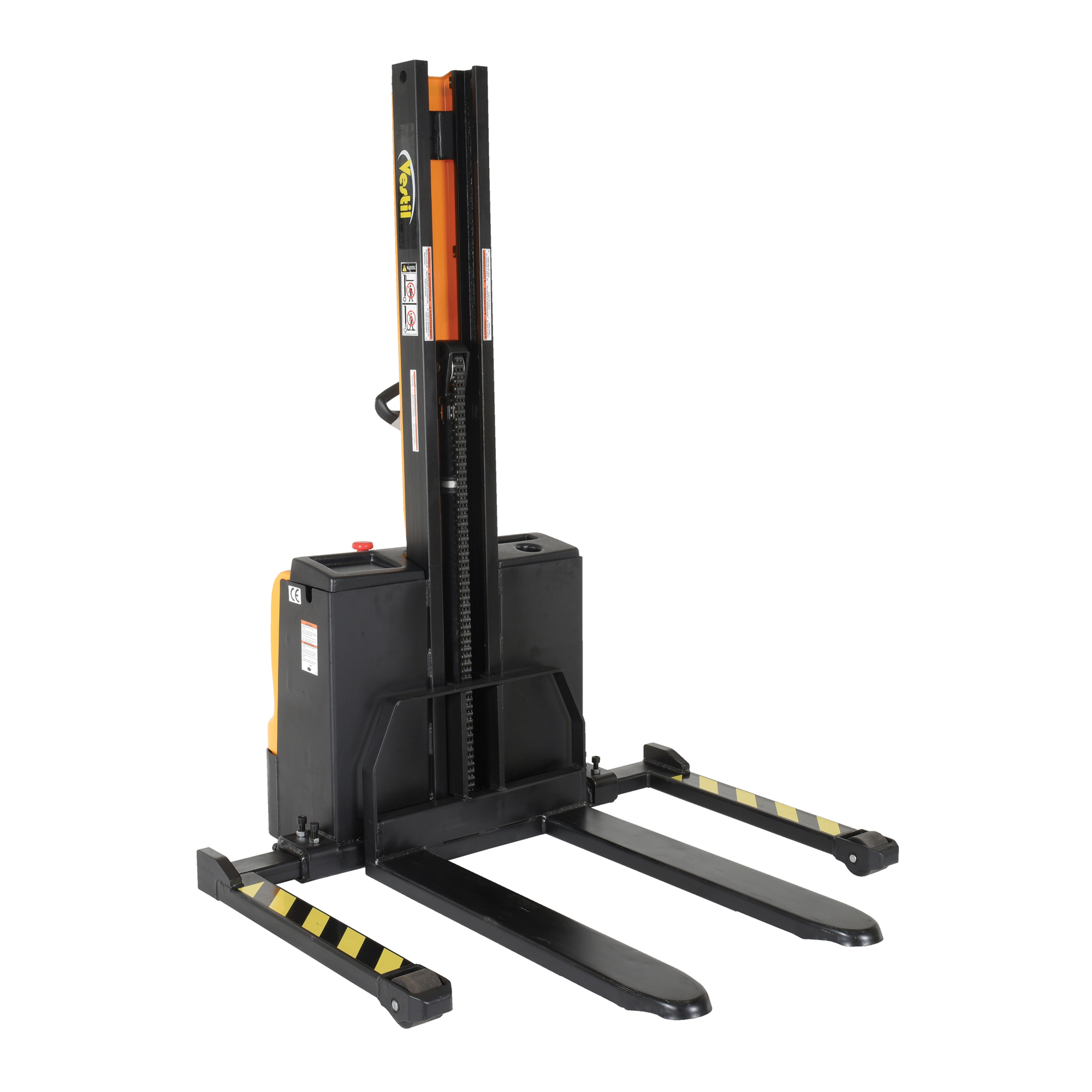 Vestil Steel Narrow Mast Stacker DC Powered 62 In. Raised Height Fixed Fork Adjustable Support Legs 2,200 Lb. Capacity Black / Yellow
