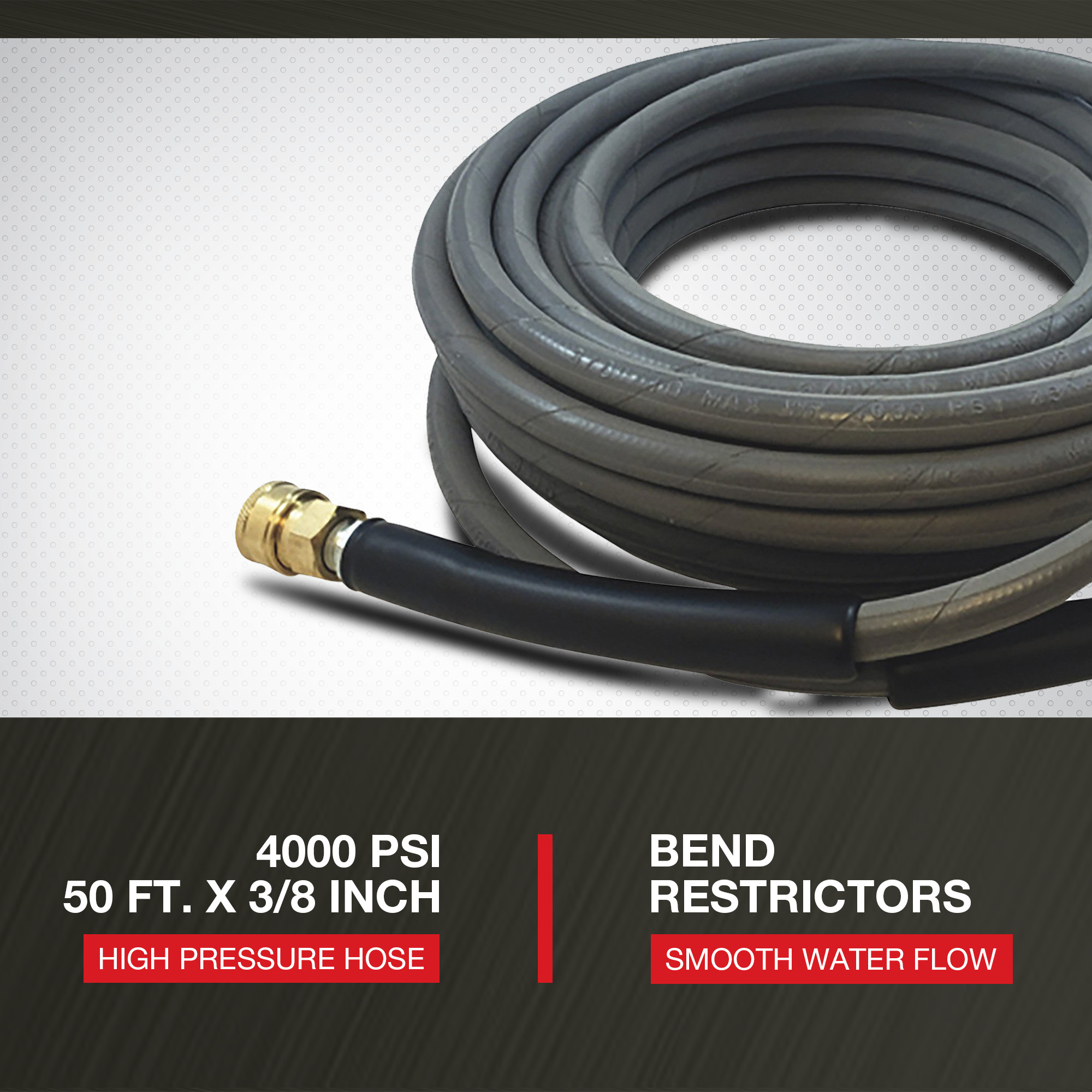 Pressure Washer Hose, Gray, Non-Marking, 4000 psi, 3/8 ID x 50 ft