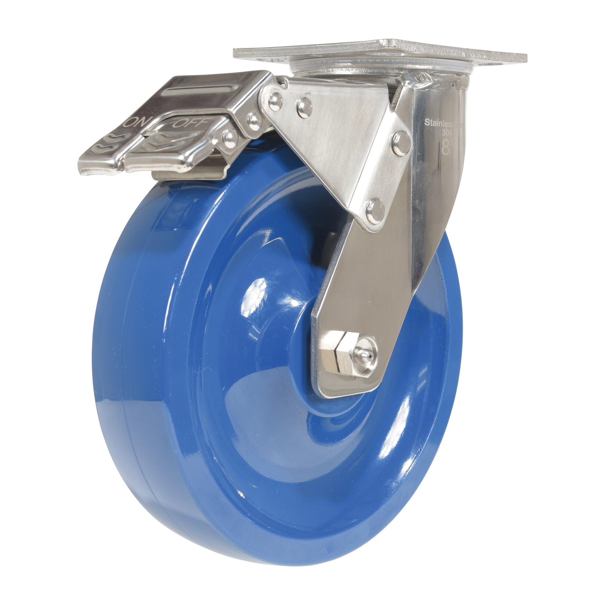 Vestil Polyurethane Swivel Caster with Total Brake - 8in. x 2in., Stainless Steel, Non-Marking, Model# CST-F-SS-8X2SP-SWTB
