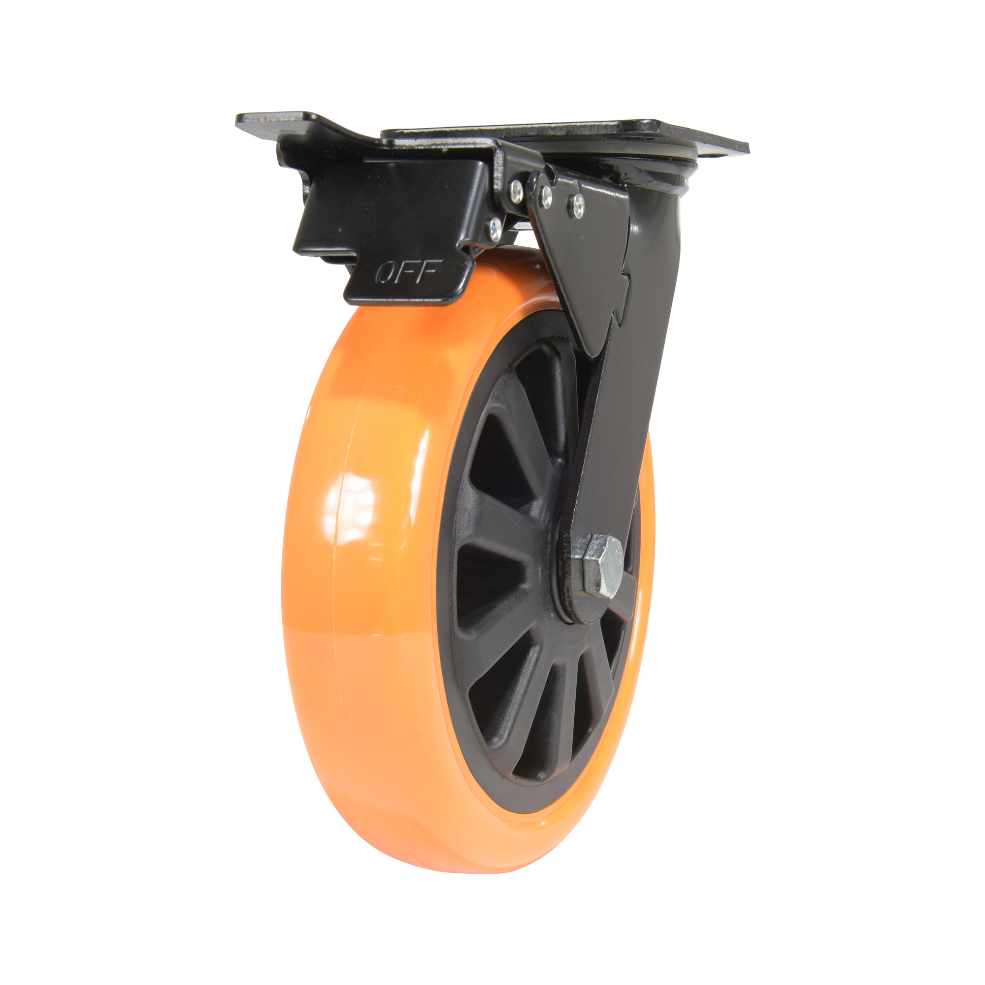 Vestil Swivel Caster with Total Brake - 8in. dia., Polyurethane, Non-Marking, Zinc Plated, Model# CST-BN-8X2PUP-SWTB