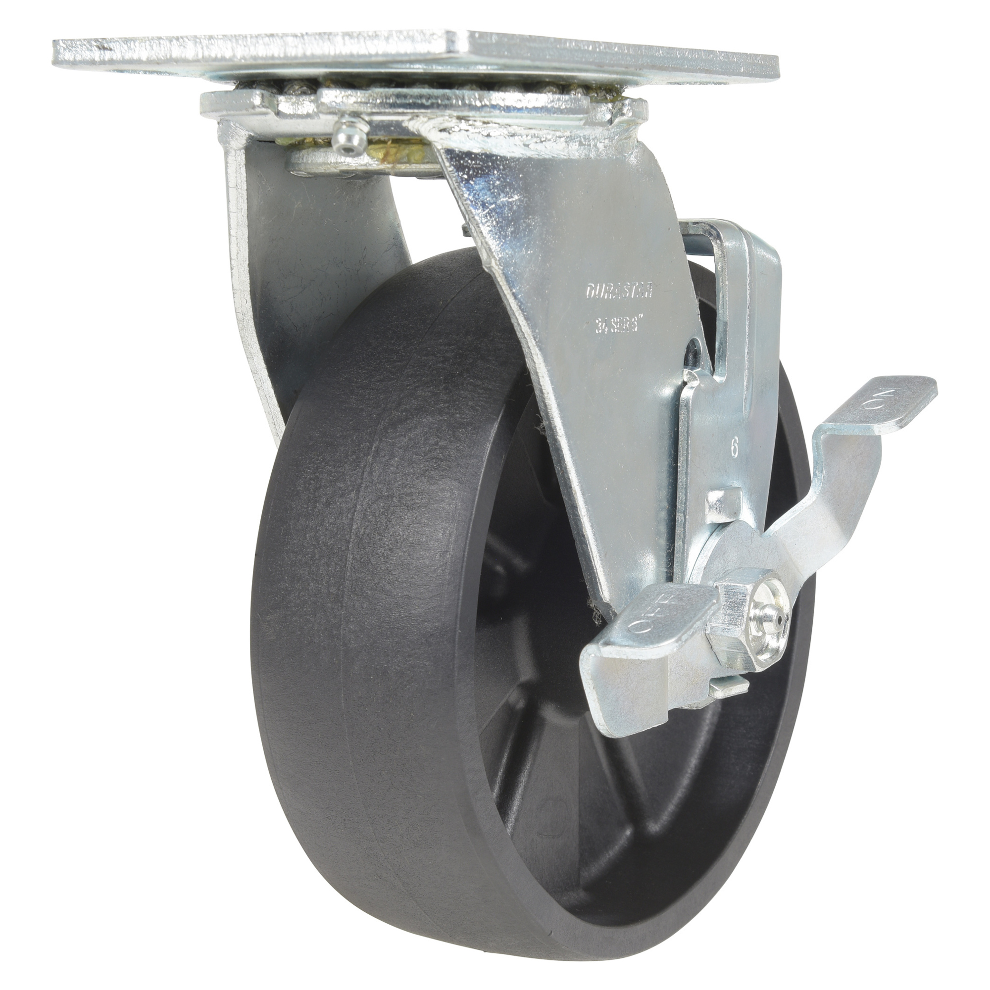 Vestil Nylon Swivel Caster with Brake - 6in. x 2in., Glass-Filled Nylon, Zinc Plated, Model# CST-VE-6X2GFN-SWB