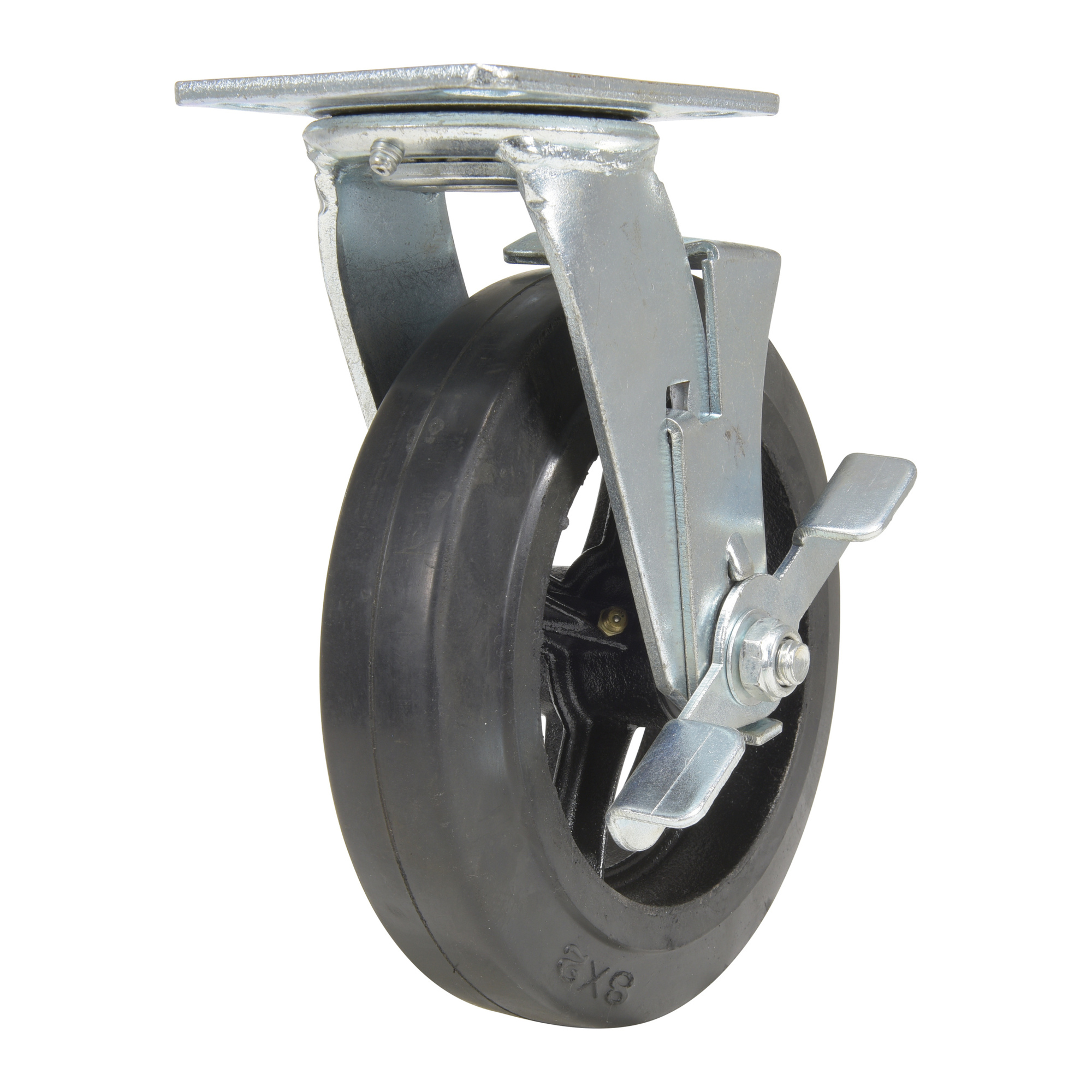 Vestil Rubber Swivel Caster with Brake - 8in. x 2in., 551-Lb. Capacity, Aluminum Core, Model# CST-VE-8X2MR-SWB