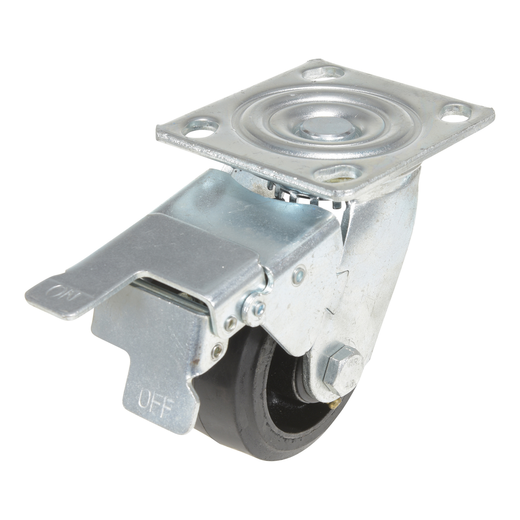 Vestil Rubber Swivel Caster with Total Brake - 4in. x 2in., 396-Lb. Capacity, Zinc Plated, Model# CST-VE-4X2MR-SWTB