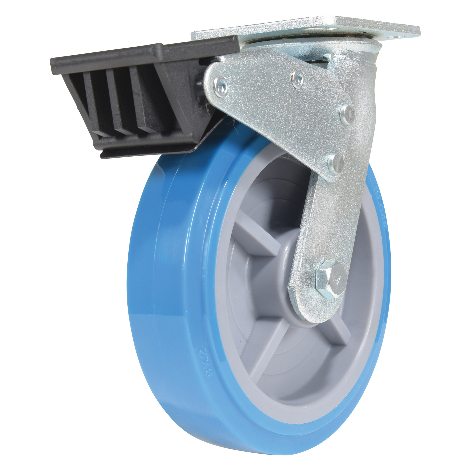 Vestil Polyurethane Swivel With Total Brake Caster 8 In. Diameter x 2 In. Width 925 Lb. Capacity Light Blue/Gray