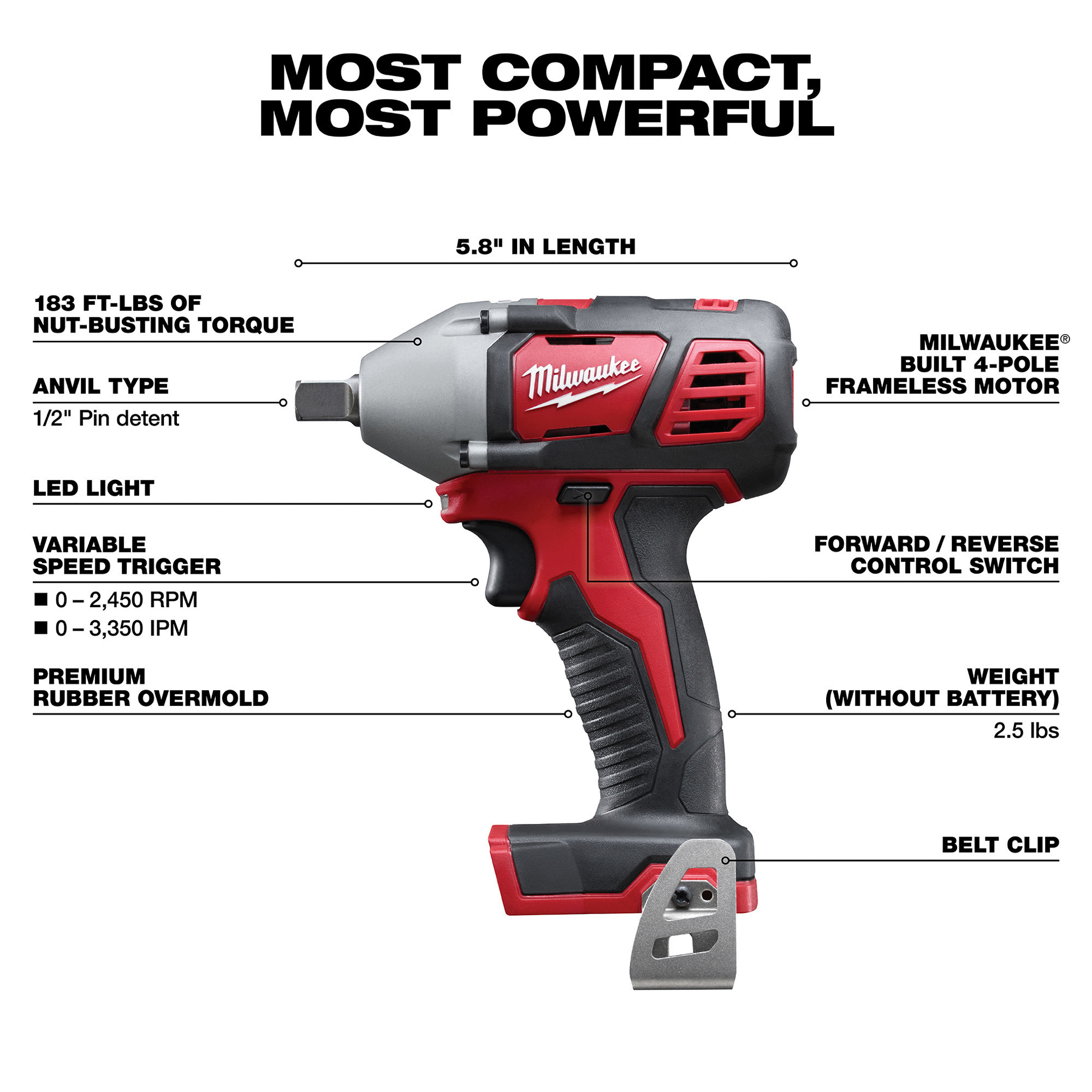 Milwaukee M18 Cordless Compact Impact Wrench with Detent Pin, Tool Only