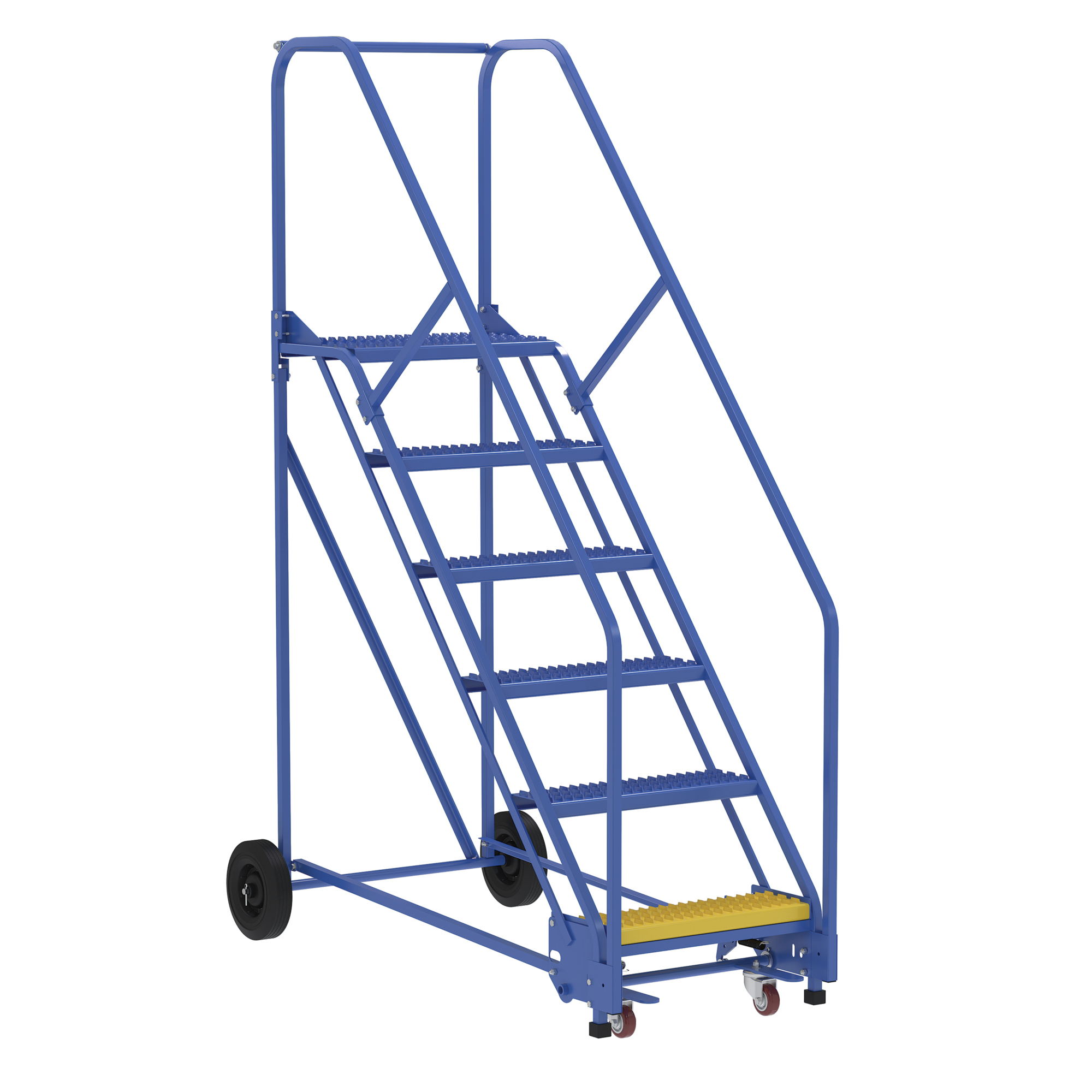 Vestil Steel Rolling Warehouse Ladder — 50-Degree, 6 Grip Strut Steps, 23-9/16in. Step Width, 350-Lb. Capacity, Blue, Model# LAD-6-14-G-EZ