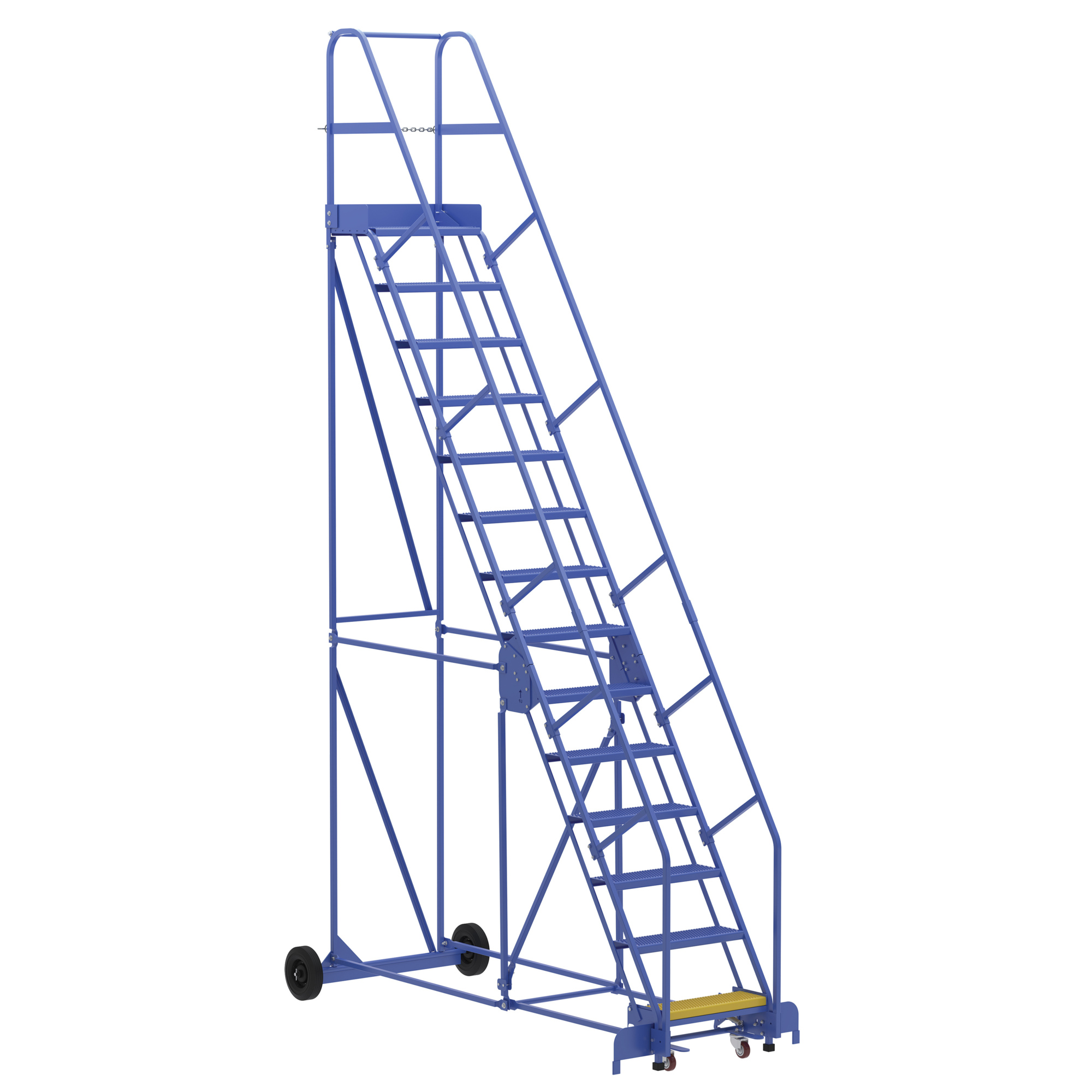 Vestil Rolling Warehouse Ladder - 14 Steps, Perforated Steel, 176in. Overall Height, Yellow Bottom Step, Model# LAD-14-14-P