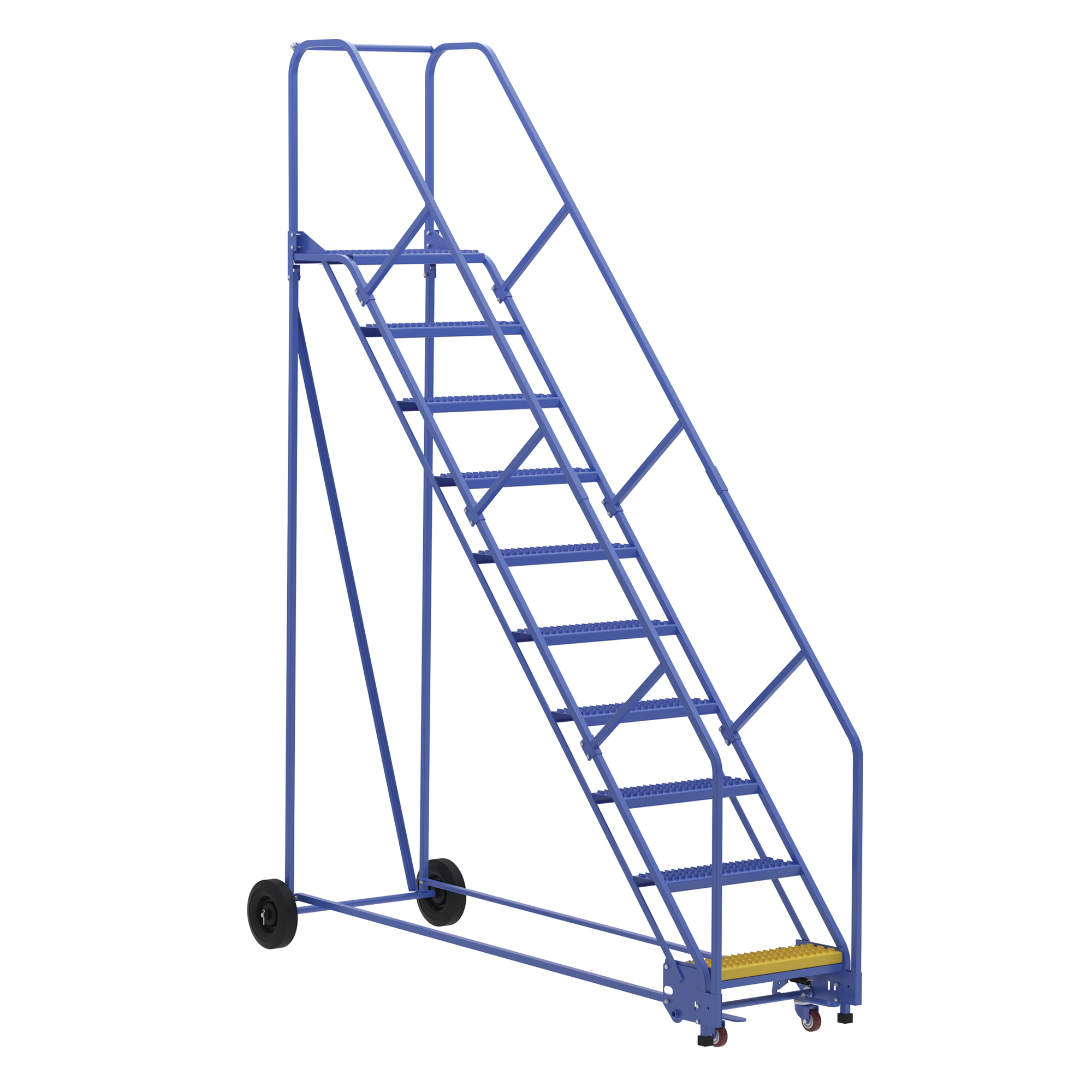 Vestil Steel Rolling Warehouse Ladder — 10 Steps, 23-9/16in. Step Width, 350-Lb. Capacity, 50-Degree Incline, Grip Strut, Blue, Model# LAD-10-14-G-EZ