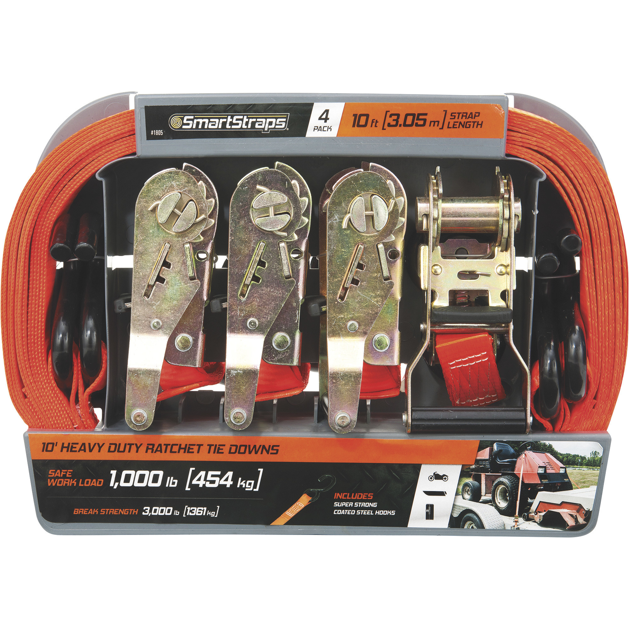 SmartStraps HeavyDuty Ratchet TieDowns, 4 Pack, 10ft. x 1in. Each