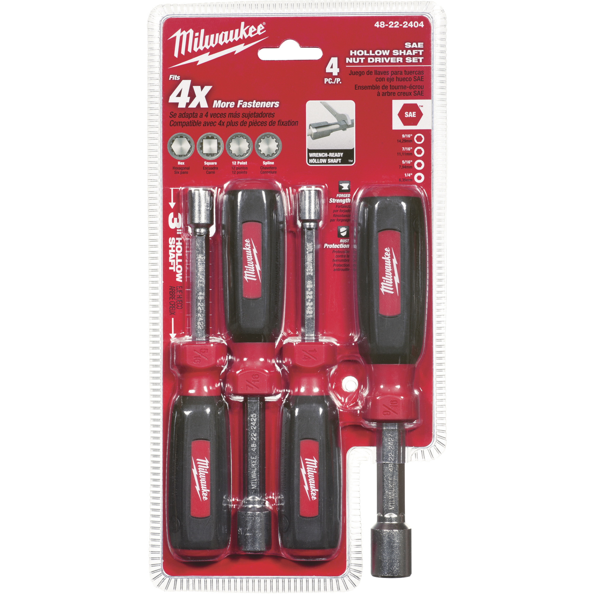 Milwaukee Hollow Shaft Nut Driver Set, 4Pc., SAE, Model 48222404