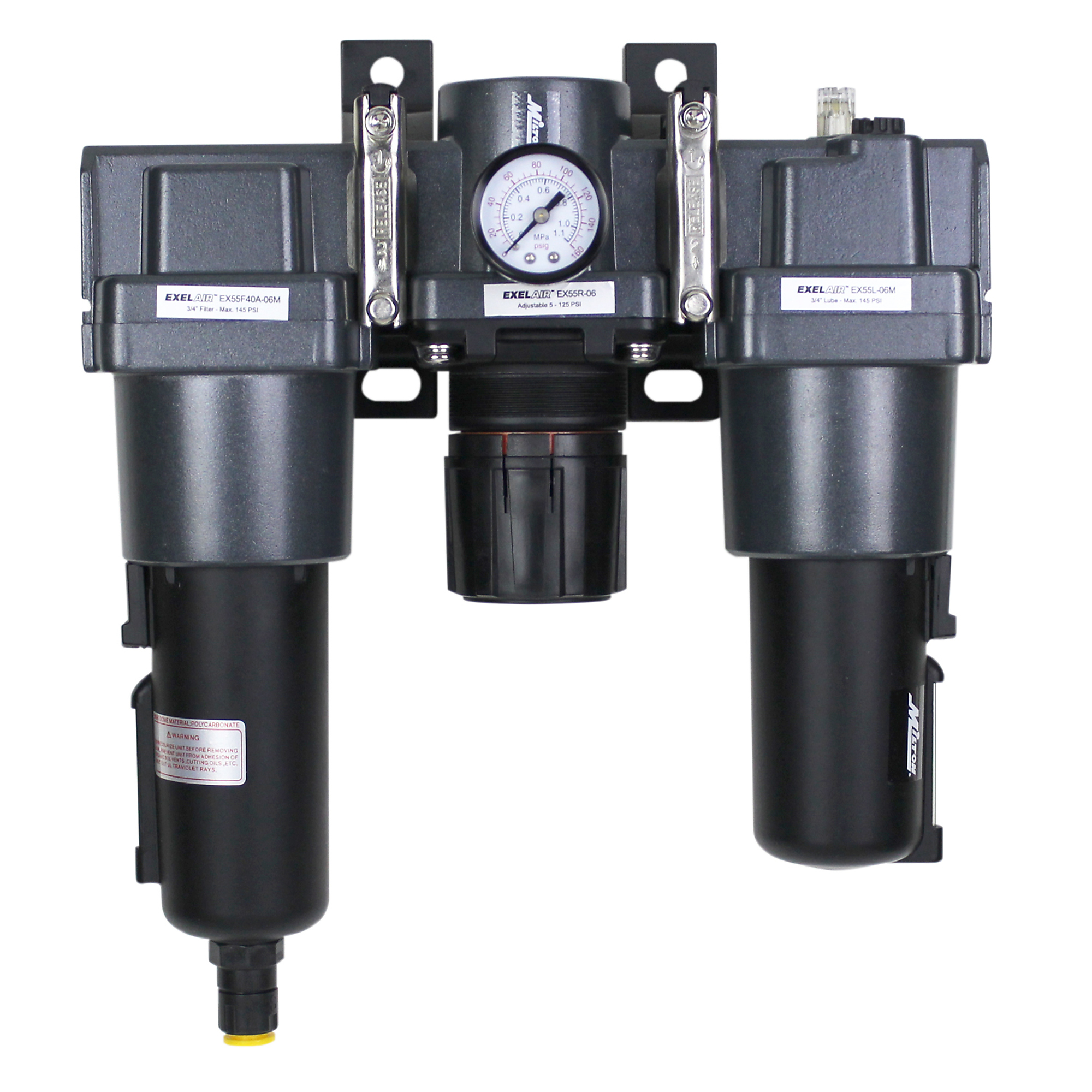 EXELAIR by Milton Filter-Lubricator-Regulator Trio Metal Bowl, Max. PSI 145 PSI, CFM 175 cfm, Min. Temperature 25 °F, Model# EX55FRL40A-06M