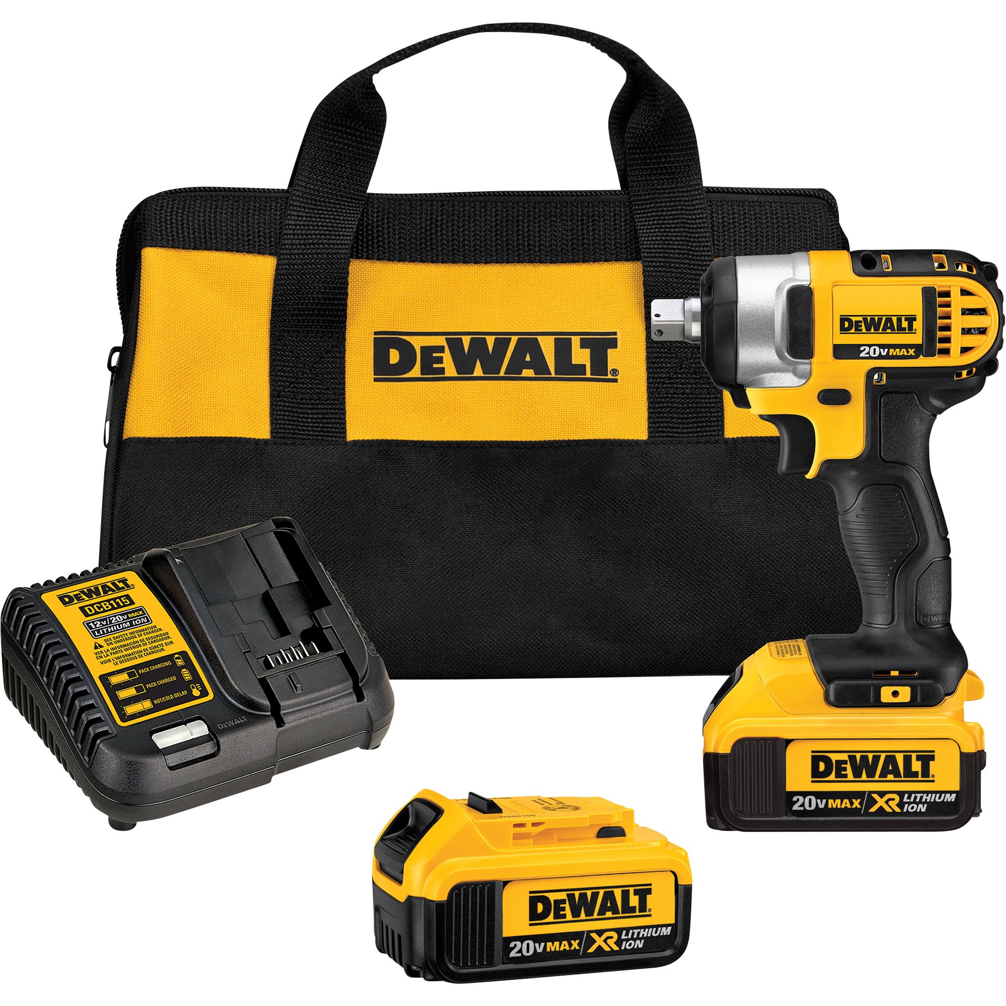 DEWALT 20V MAX Compact Cordless Impact Wrench Kit with Detent Pin — 1/2in. Drive, 150 Ft./Lbs. Torque, 2 Batteries, Model# DCF880M2