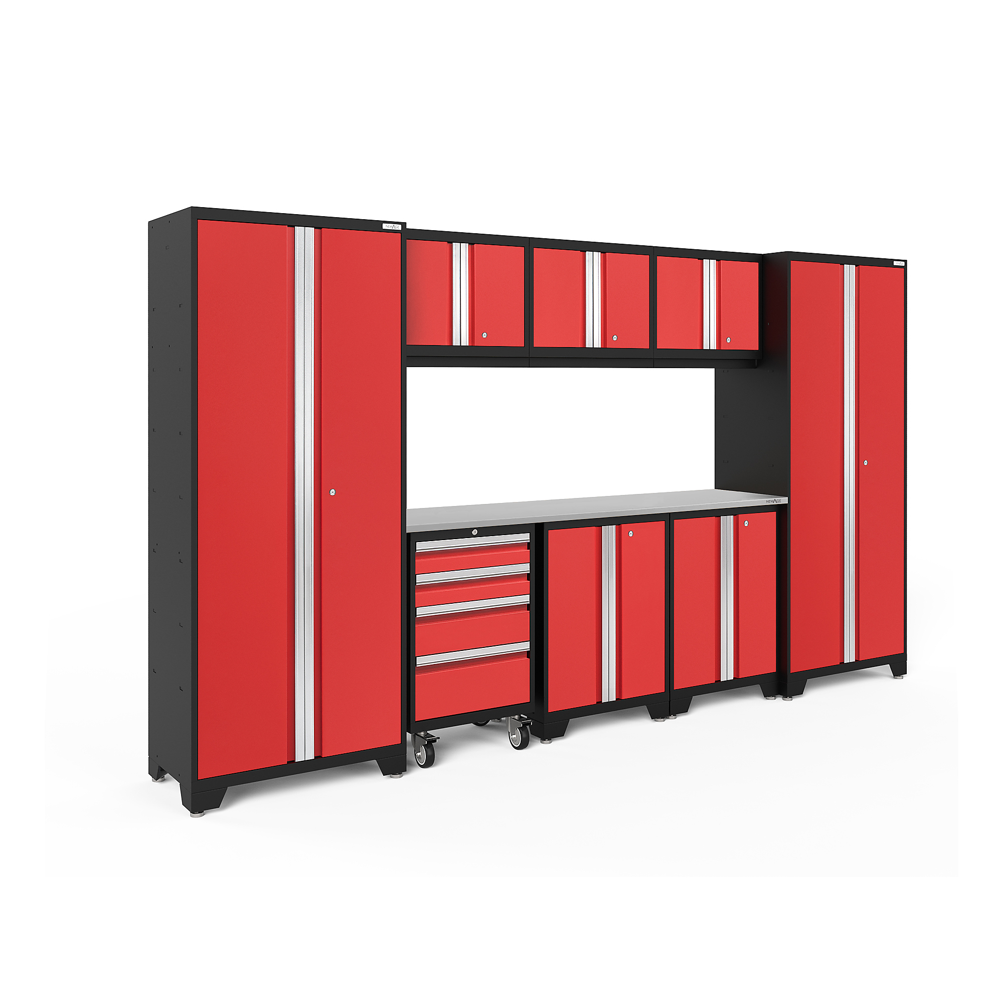 NewAge Products, Bold Series Red 9-Pc. Steel Garage Cabinet Set, Width 132 in, Height 76.75 in, Depth 18 in, Model# 50609
