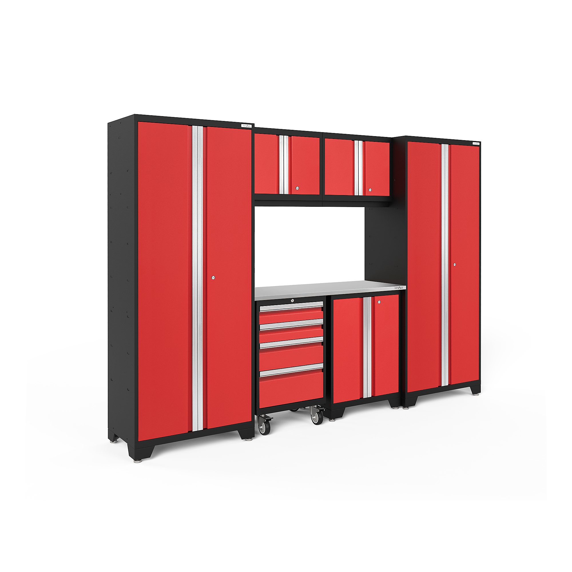 NewAge Products, Bold Series Red 7-Pc. Steel Garage Cabinet Set, Width 108 in, Height 76.75 in, Depth 18 in, Model# 50620