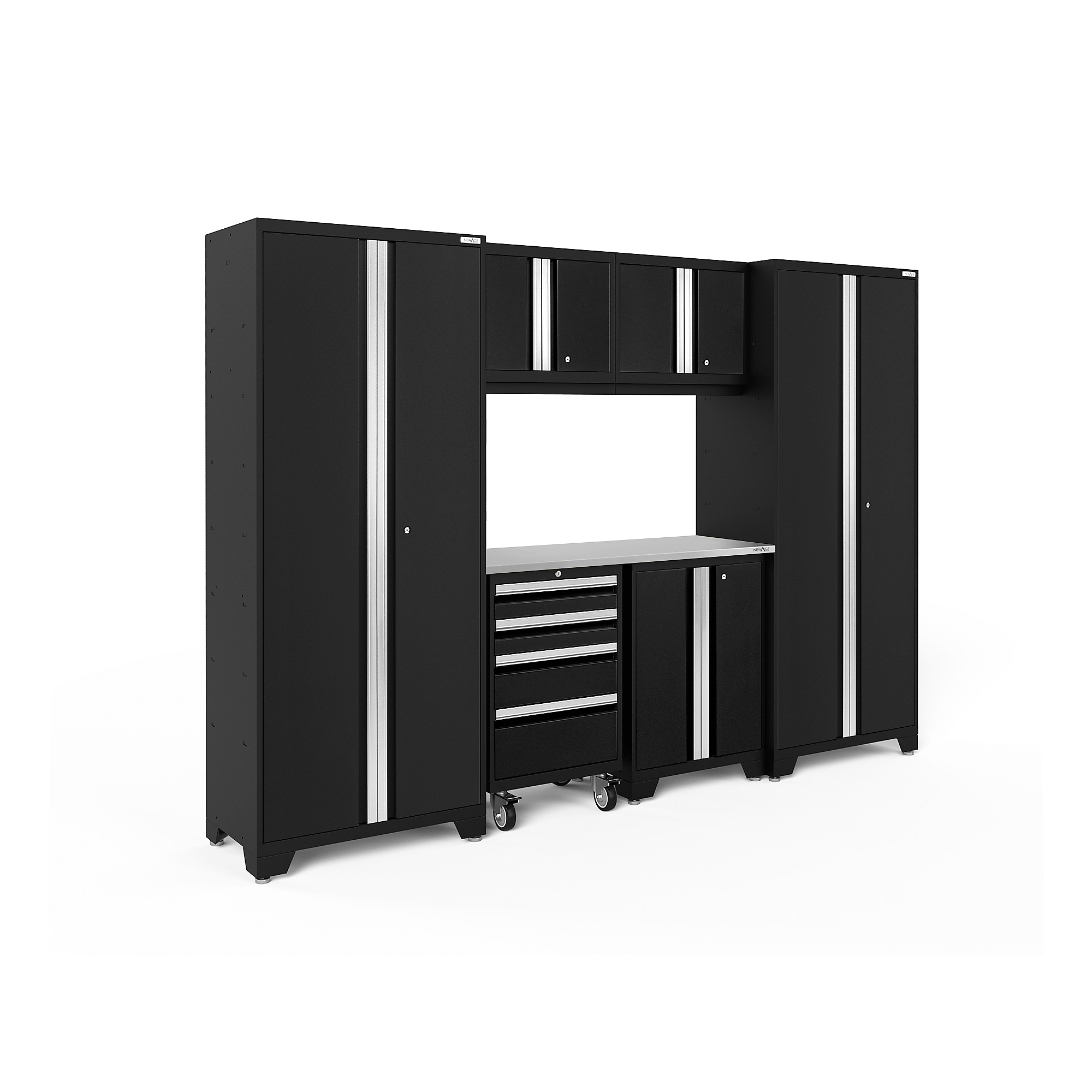 NewAge Products, Bold Series Black 7-Pc. Steel Garage Cabinet Set, Width 108 in, Height 76.75 in, Depth 18 in, Model# 63053