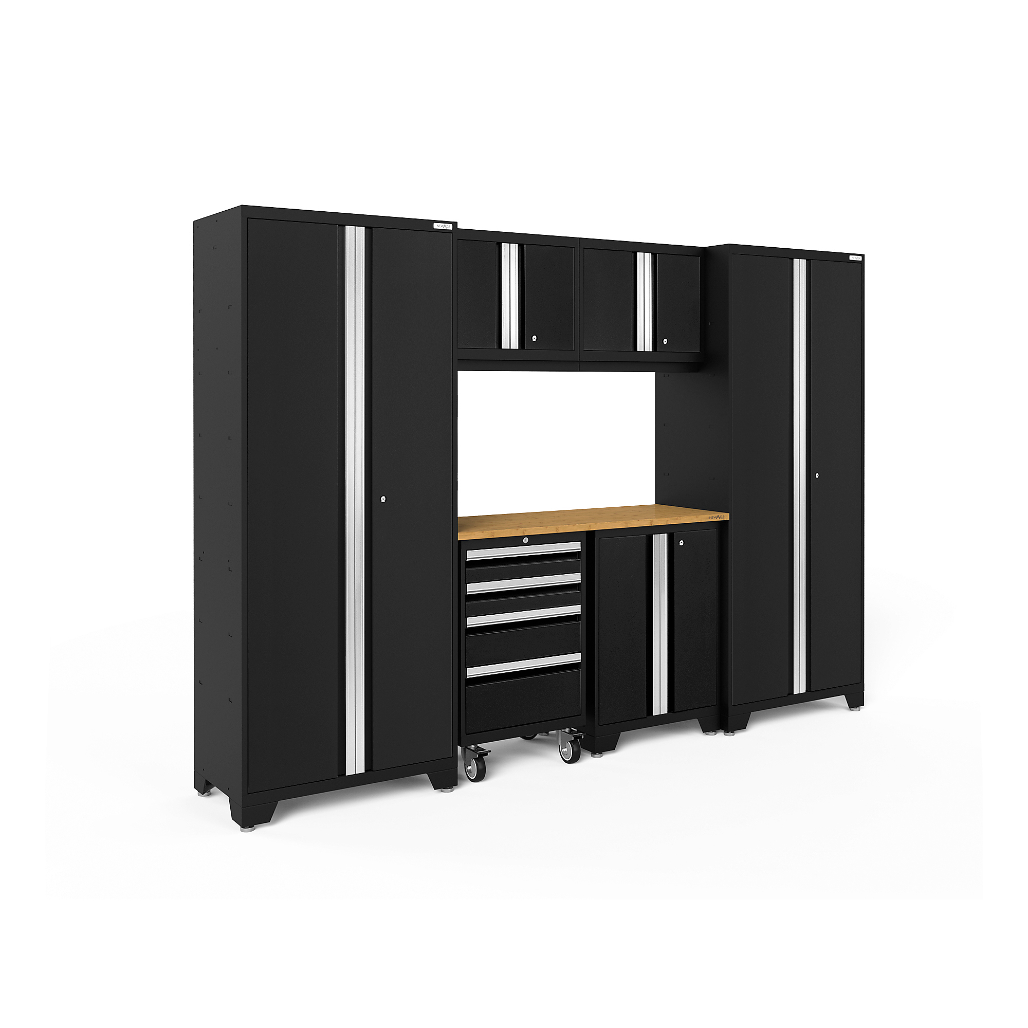 NewAge Products, Bold Series Black 7-Pc. Steel Garage Cabinet Set, Width 108 in, Height 76.75 in, Depth 18 in, Model# 63054