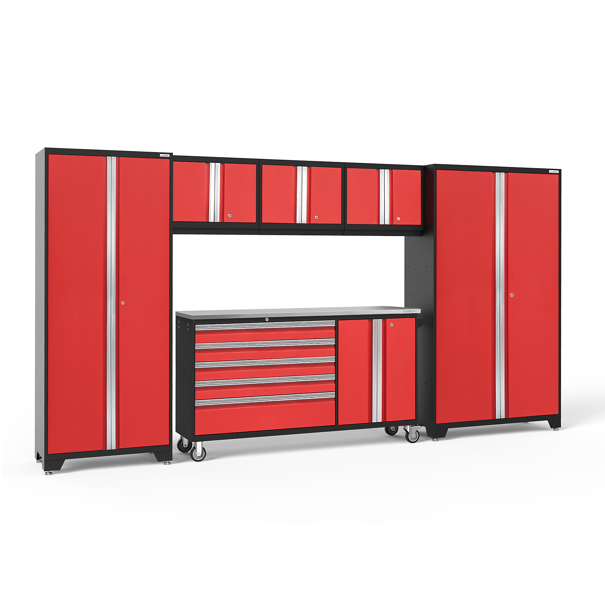 NewAge Products, Bold Series Red 6-Pc. Steel Garage Cabinet Set, Width 144 in, Height 77.25 in, Depth 18 in, Model# 56262