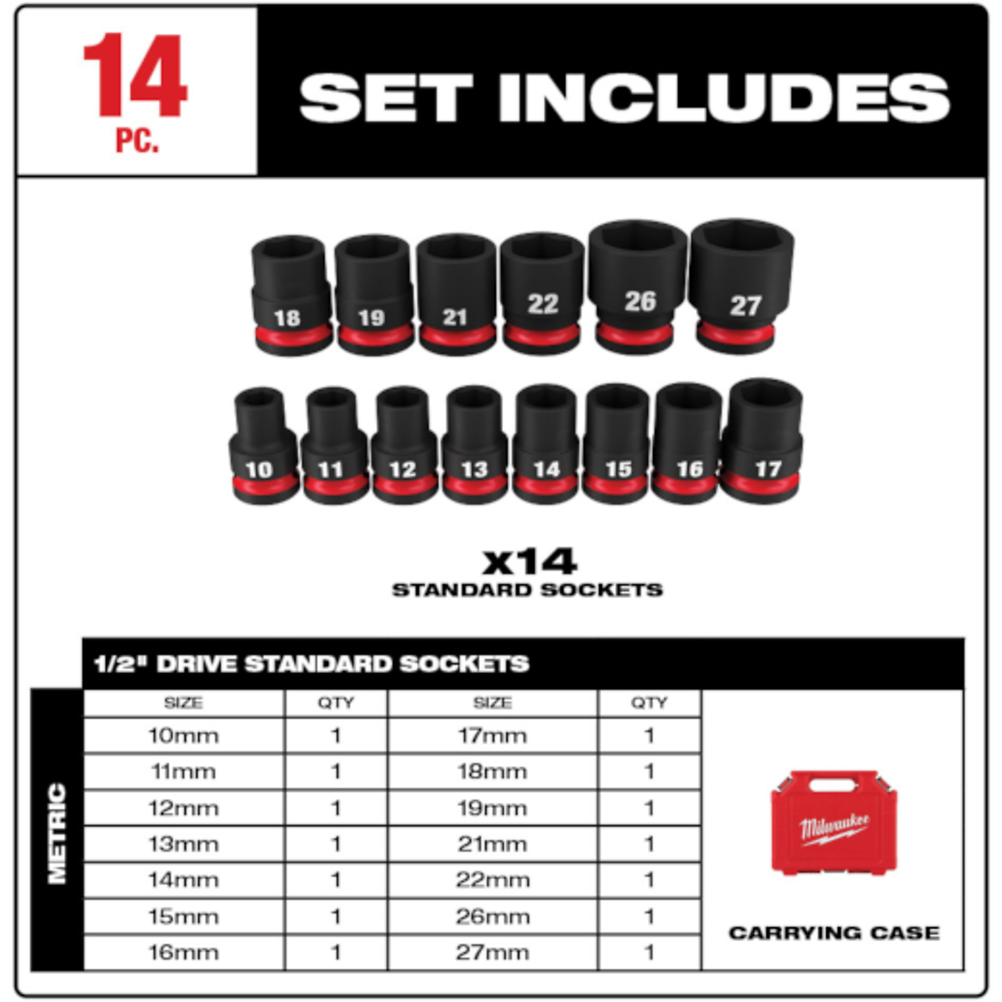 Milwaukee SHOCKWAVE™ Impact Duty™, 14PC 1/2in. Drive Metric Standard 6 ...