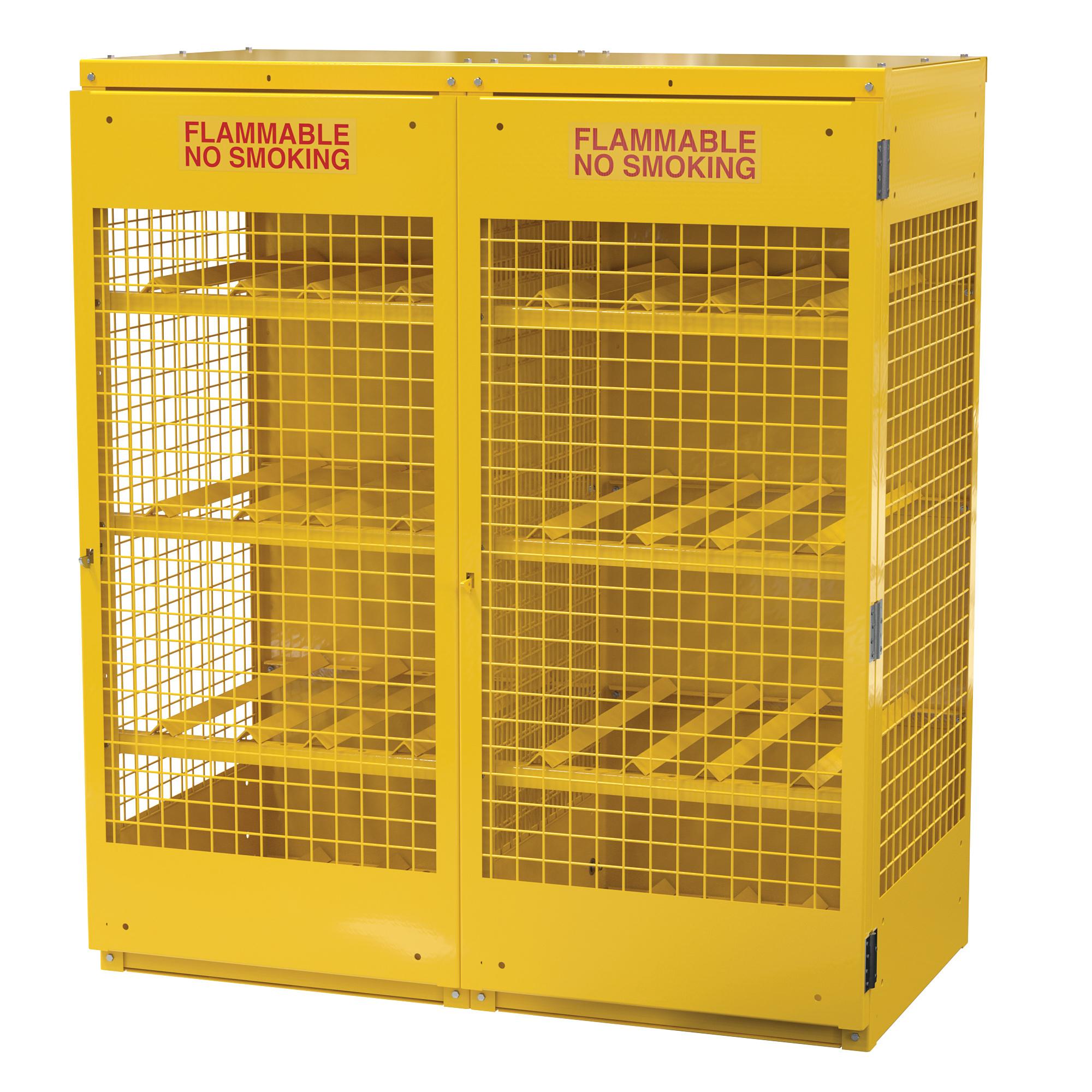 Vestil Horizontal Cylinder Cabinet - 16 Capacity, 68.25in. Height x 60in. Width, Steel, Yellow, Lockable Doors, Model# CYL-H-16-KD