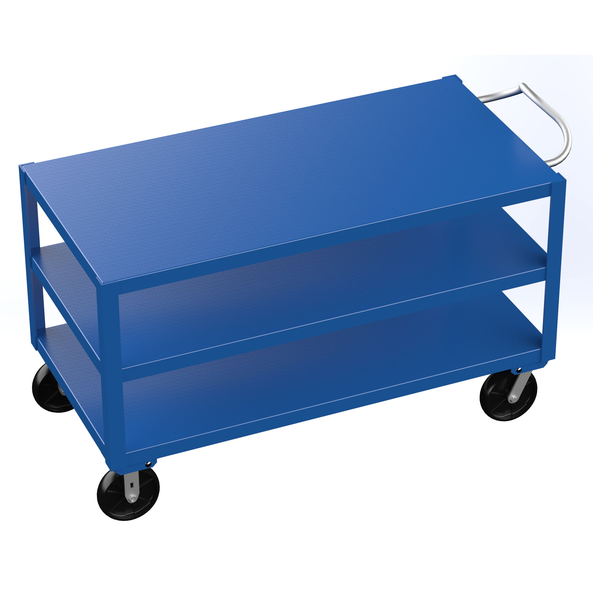 Vestil Steel 30 In. x 60 In. Platform Heavy Duty 3 Shelf Ergo Handle Cart with GFN Casters 4000 Lb. Capacity Blue