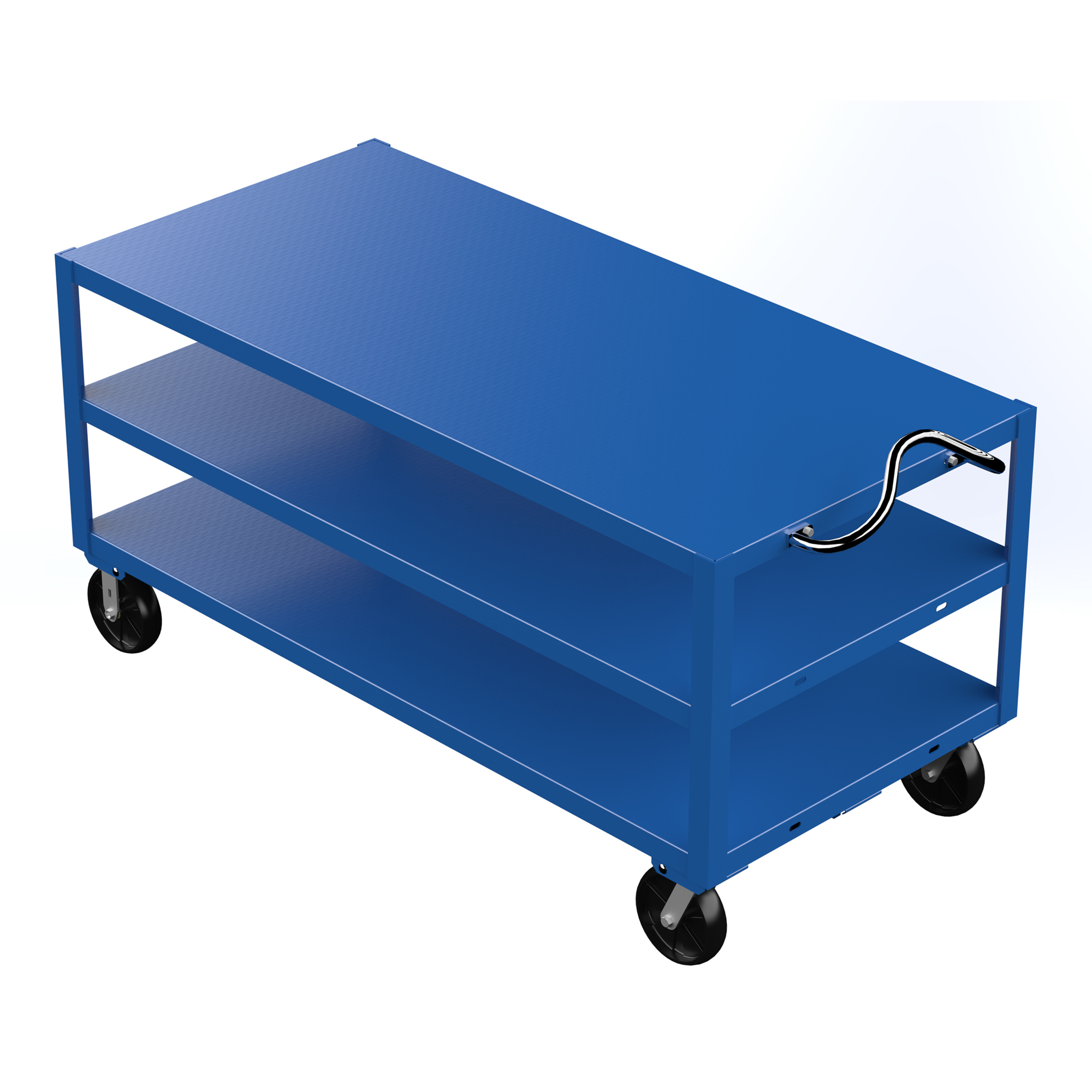 Vestil Steel 34 In. x 72 In. Platform Heavy Duty Ergo Handle Cart with GFN Casters 3 Shelf 4000 Lb. Capacity Blue