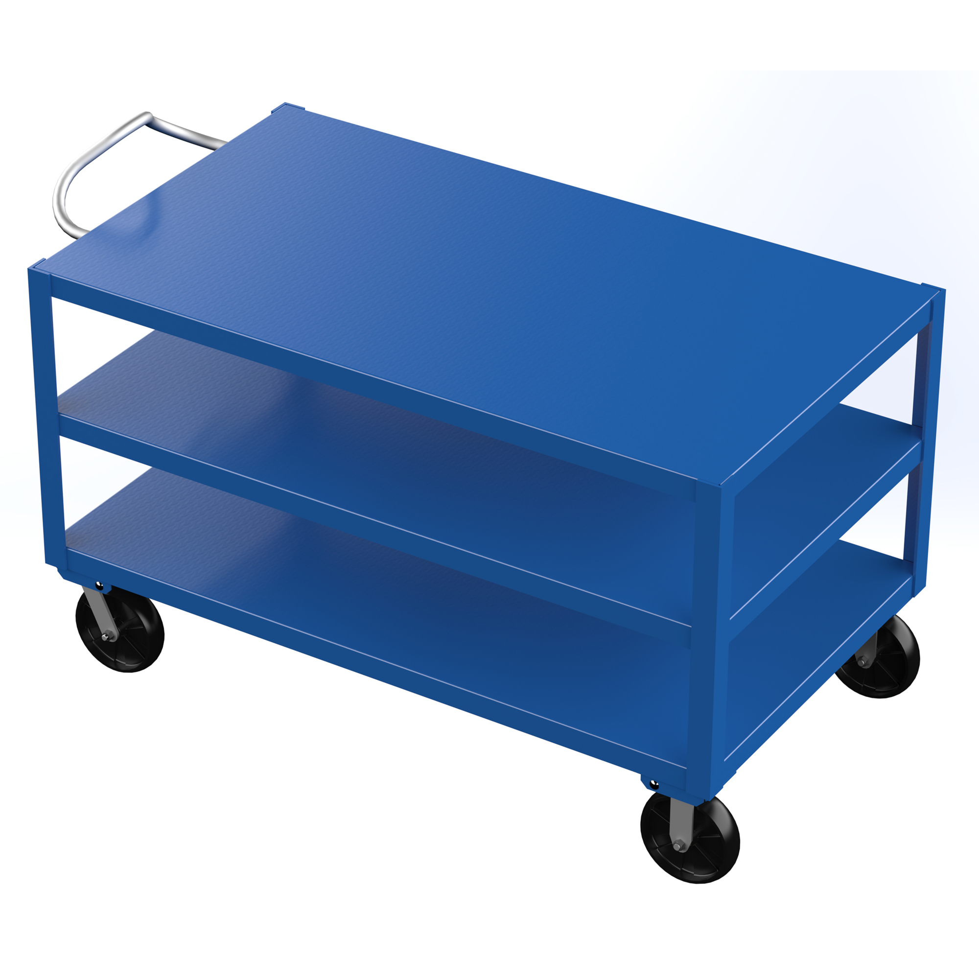 Vestil Steel 34 In. x 60 In. Platform Heavy Duty 3 Shelf Ergo Handle Cart with GFN Casters 4000 Lb. Capacity Blue
