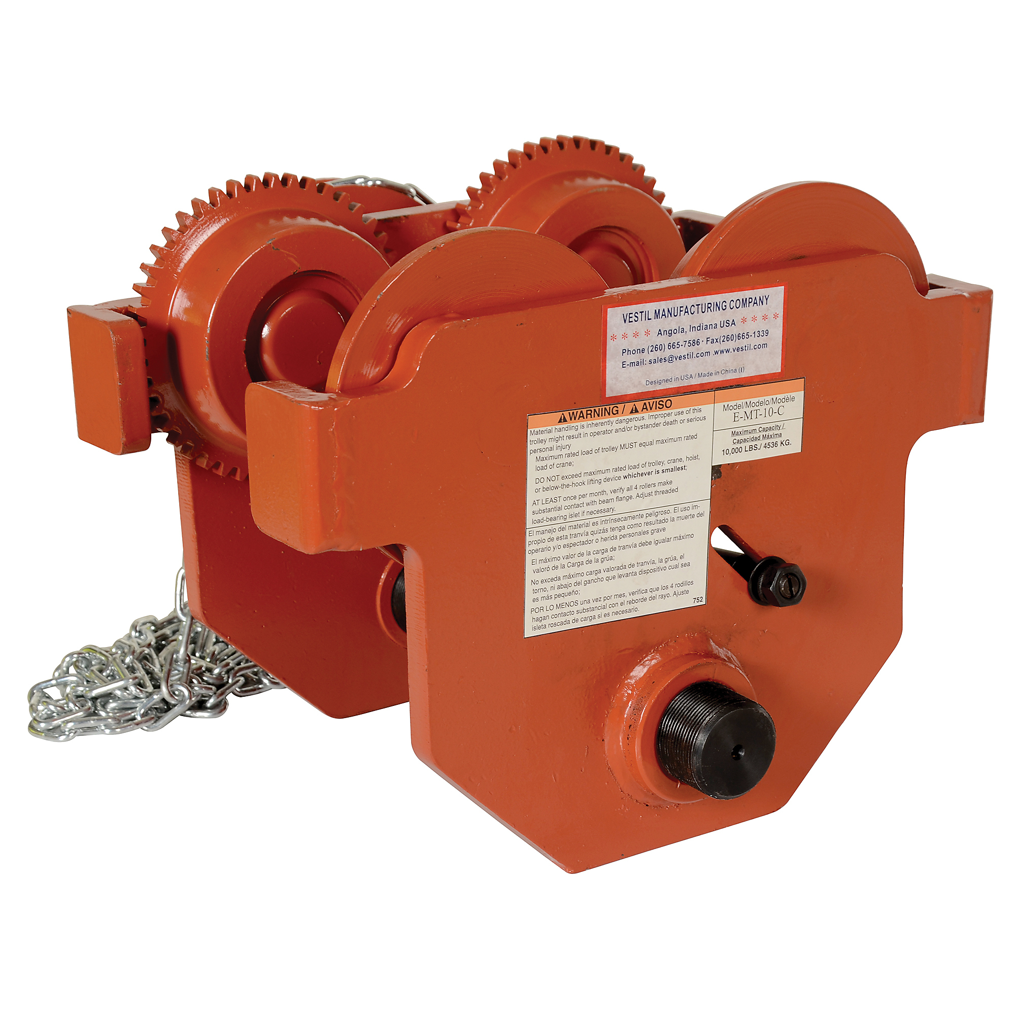 Vestil Steel Geared Eye Manual Trolley - 10000-Lb. Capacity, 11.75in. Max Beam Height, Orange, Model# E-MT-10-C