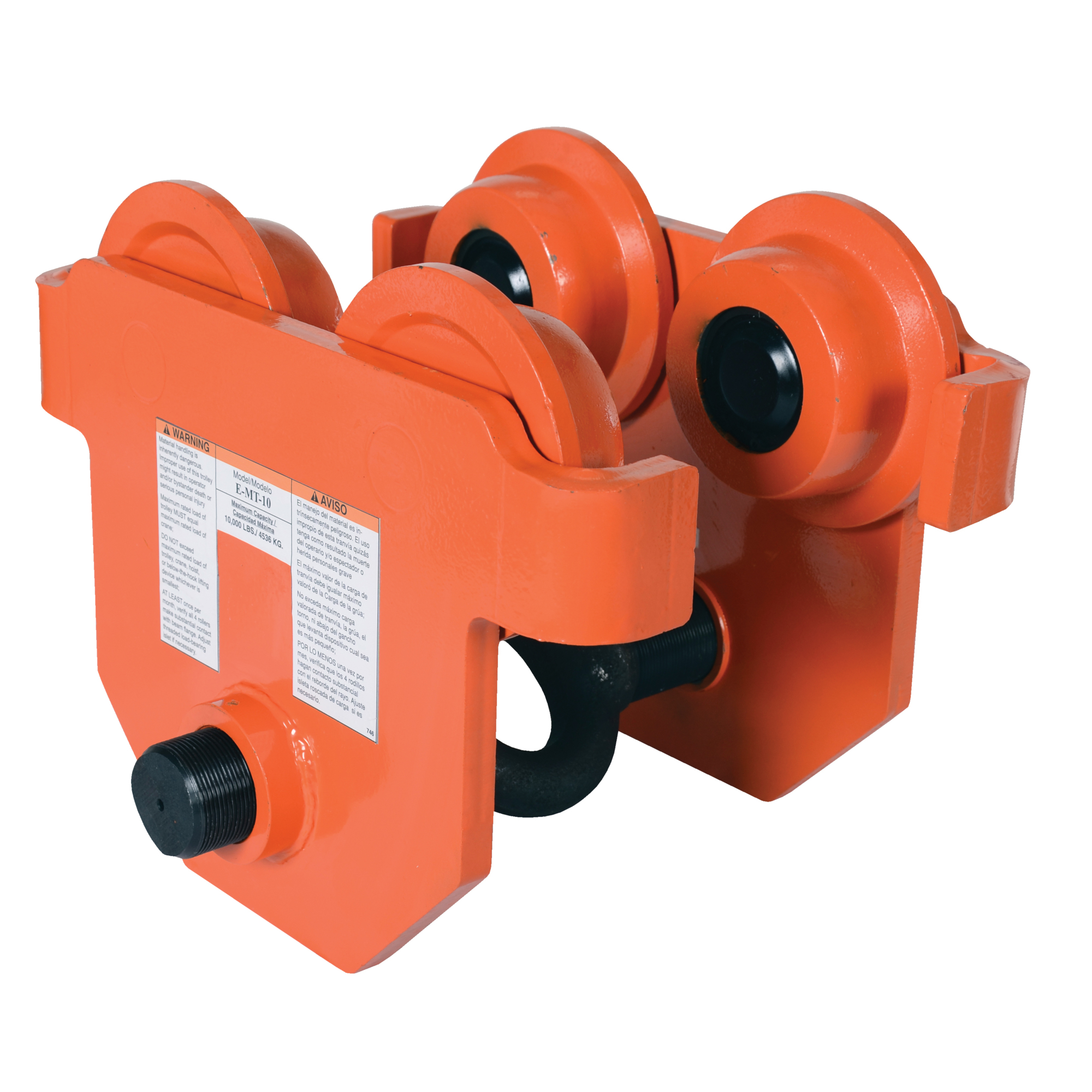 Vestil Steel Push Eye Manual Trolley - 10000-Lb. Capacity, 11.94in. Max Beam Height, Orange, Model# E-MT-10