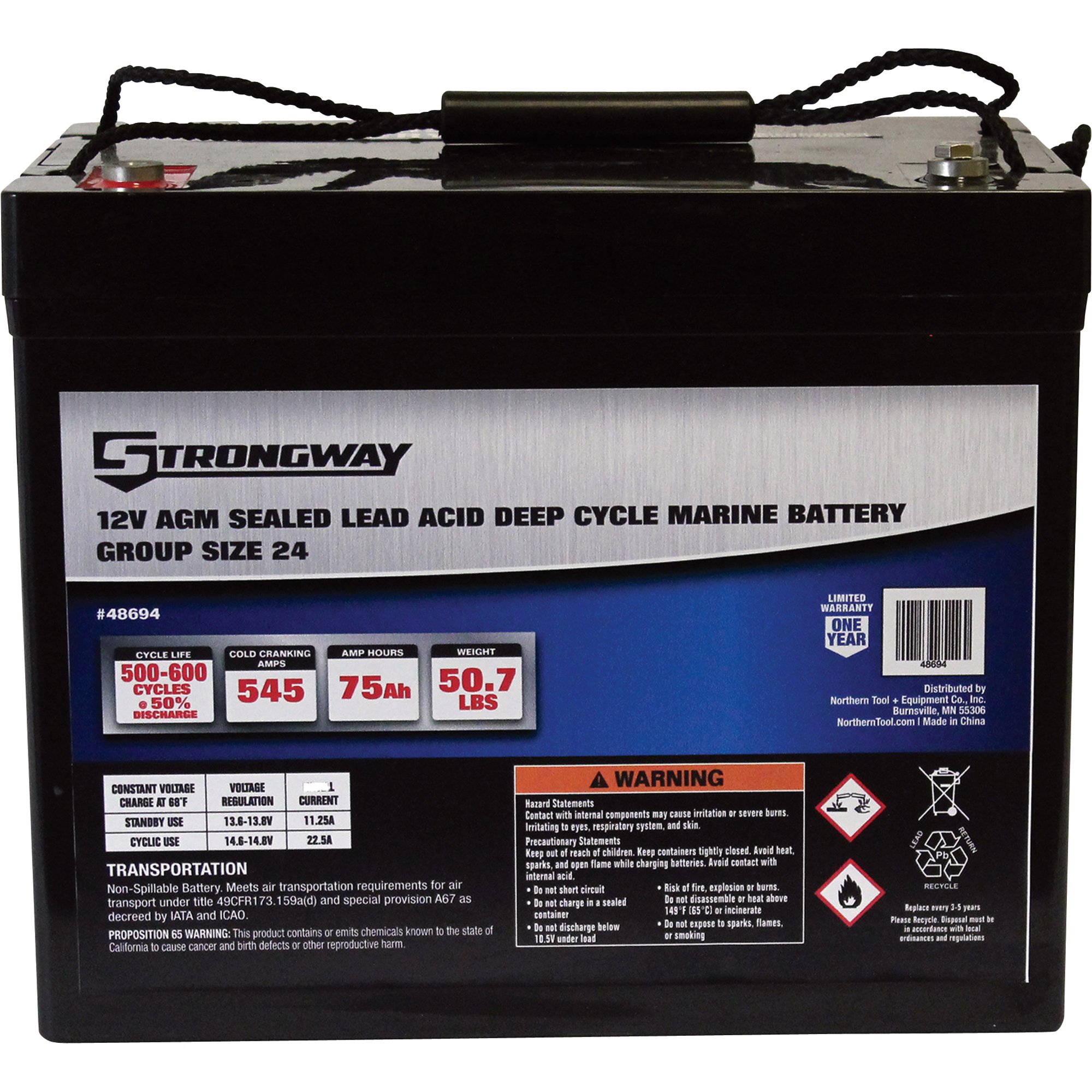 Strongway Deep Cycle Marine Battery — Group Size 24, 12 Volt, 75 Ah, Sealed Lead Acid