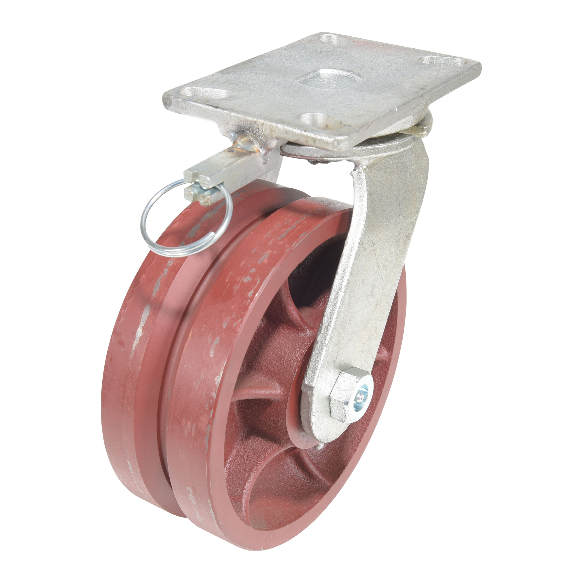 Vestil Ductile Steel V-Groove Swivel With 4-Position Lock Caster 8 In. Diameter x 3 In. Width Red