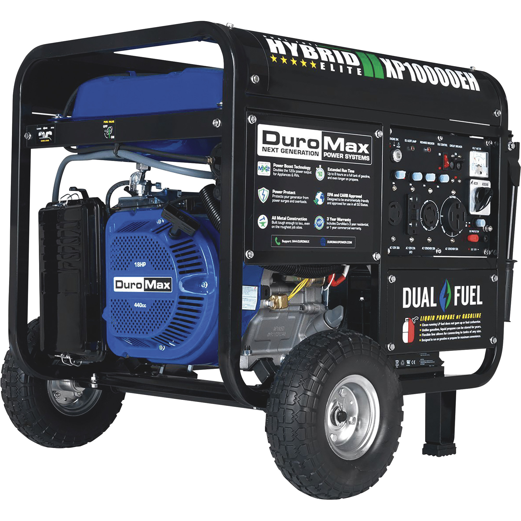 DuroMax Portable Dual Fuel Generator, 10,000 Surge Watts, 8000 Rated Watts, Electric Start, CARB Compliant, Model# XP10000EH