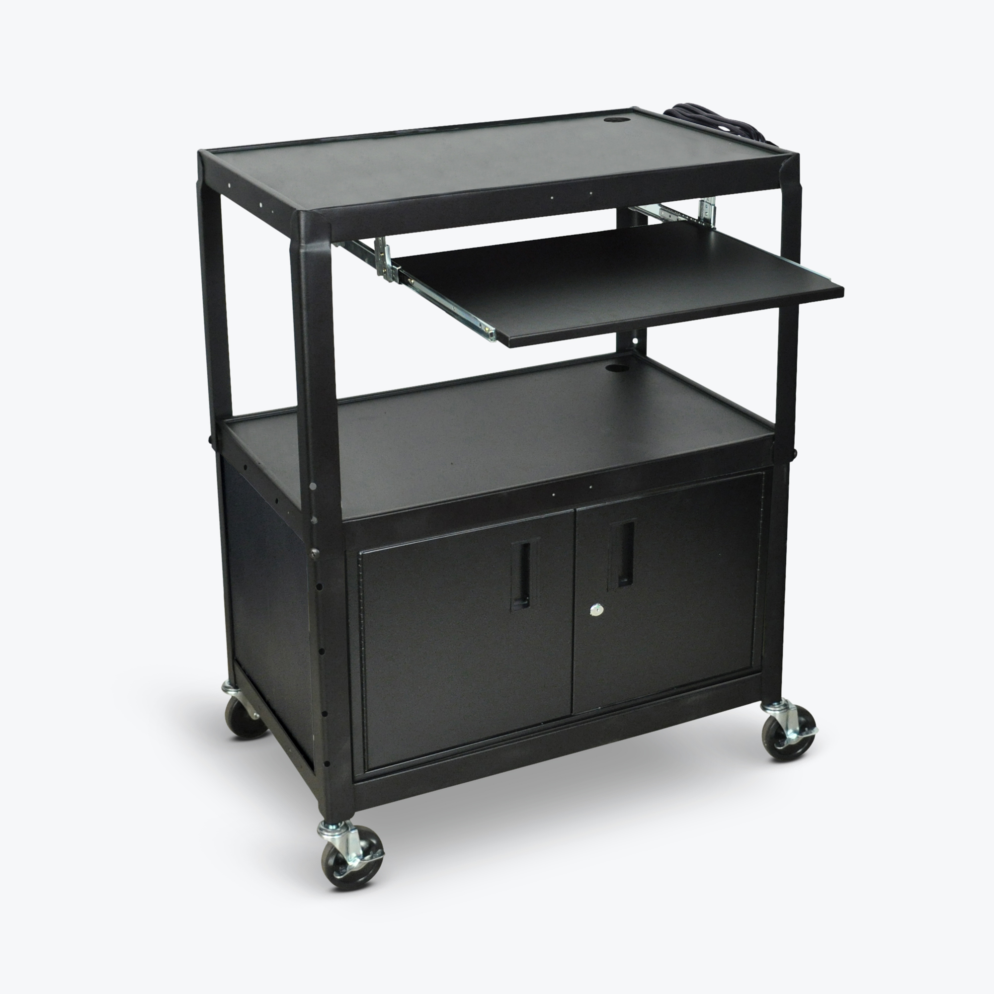 Luxor, XL Adj-Height Steel AV Cart - Pullout Tray/Cabinet, Color Black, Material Steel, Shelves (qty.) 2, Model# AVJ42XLKBC