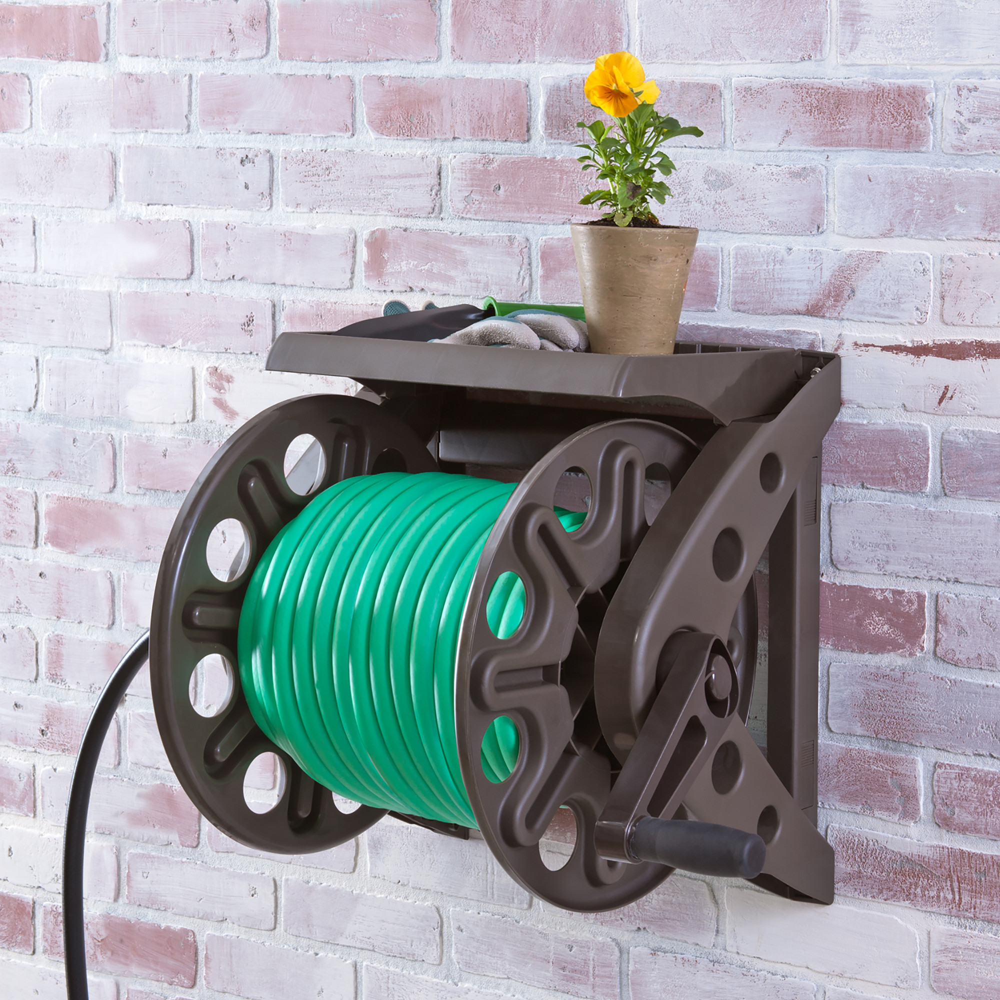 Liberty Garden Products, Wall Mounted Hose Reel With Shelf, Hose Length  Capacity 225 ft, Frame Material Molded Plastic, Color Brown, Model# 512