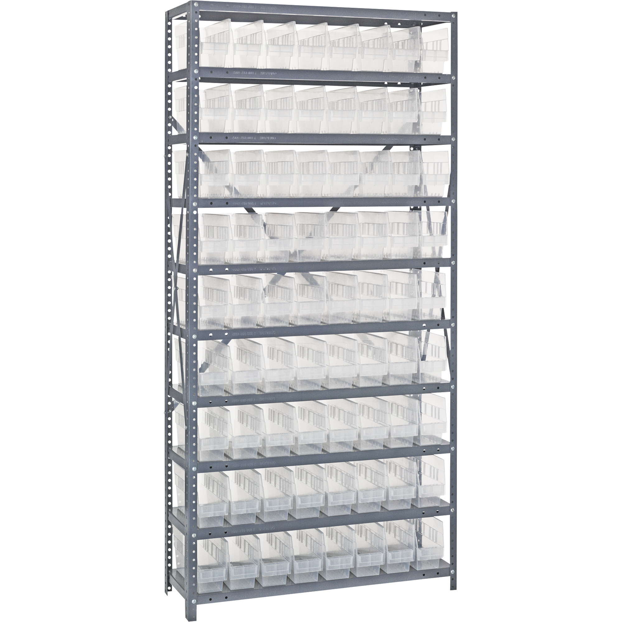 Quantum Complete Steel Shelving System with Clear Bins, 36in.W x 12in.D x 72in.H, Includes 75 11 5/8in.W x 4 1/8in.D x 6in.H Bins, Model# 1275-201CL