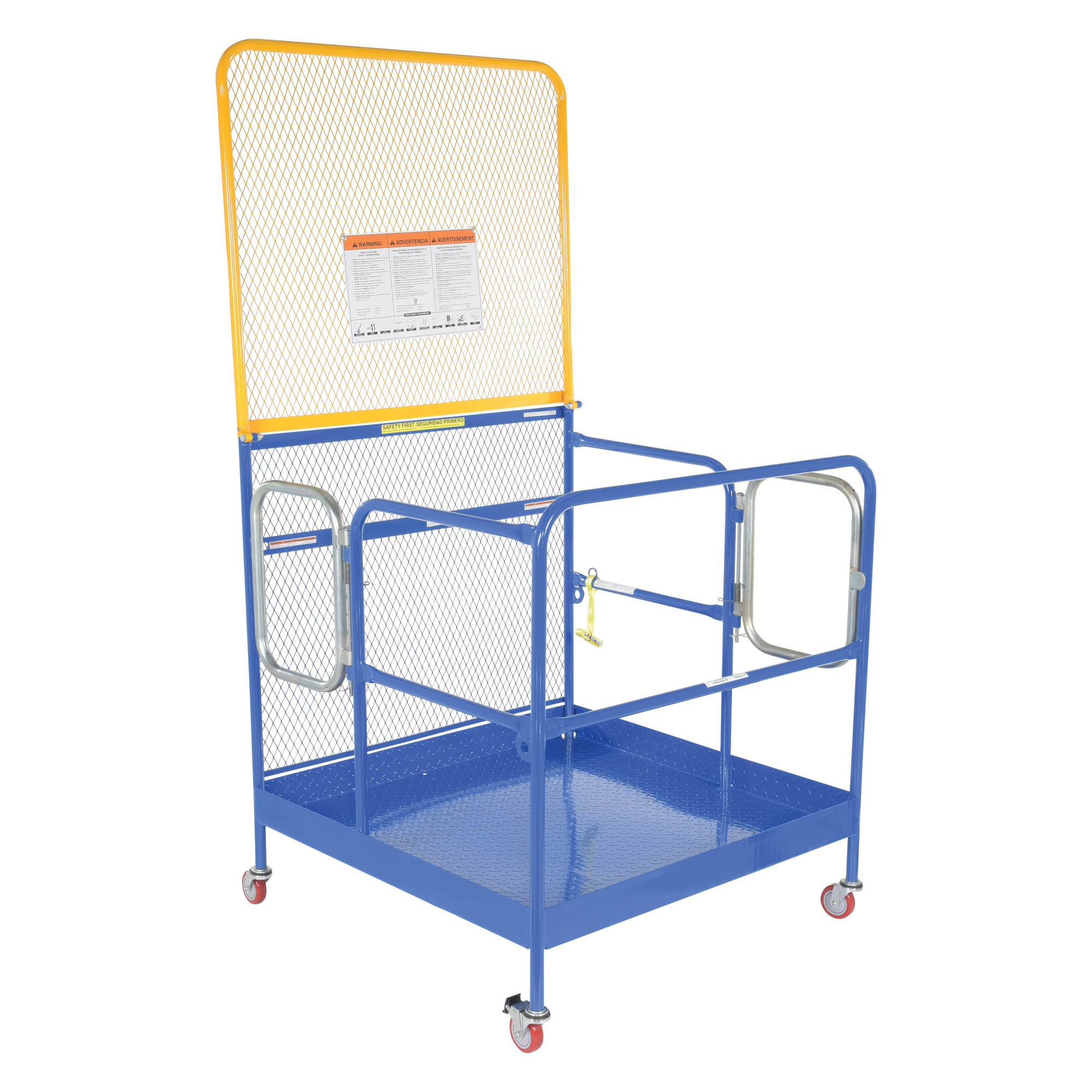 Vestil Steel Work Platform With Poly Casters, 2 Door Entry, and 84 In. Expanded Back 48 In. x 48 In. 1,000 Lb. Capacity Blue