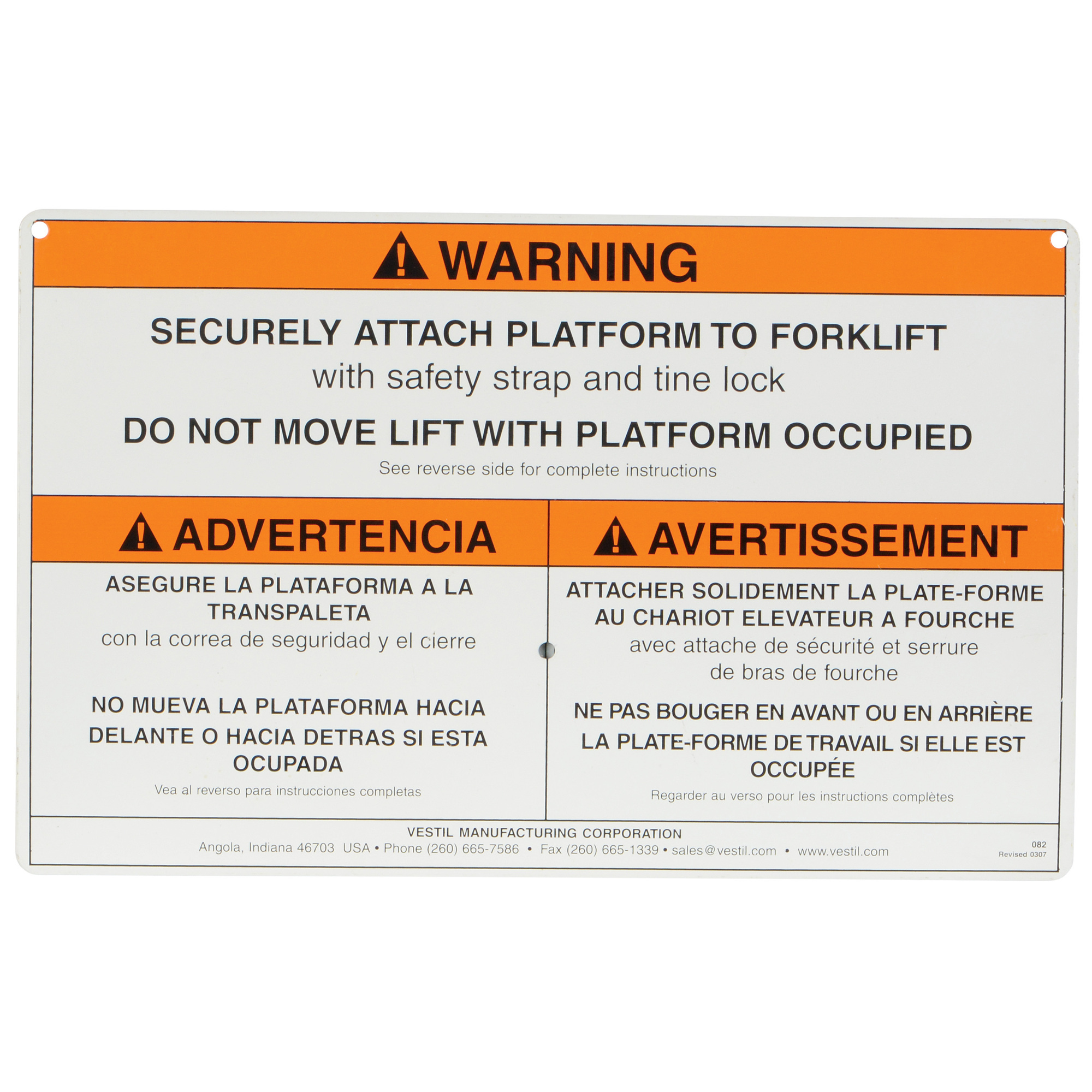 Vestil Aluminum Warning Sign With Hardware For Work Platforms White
