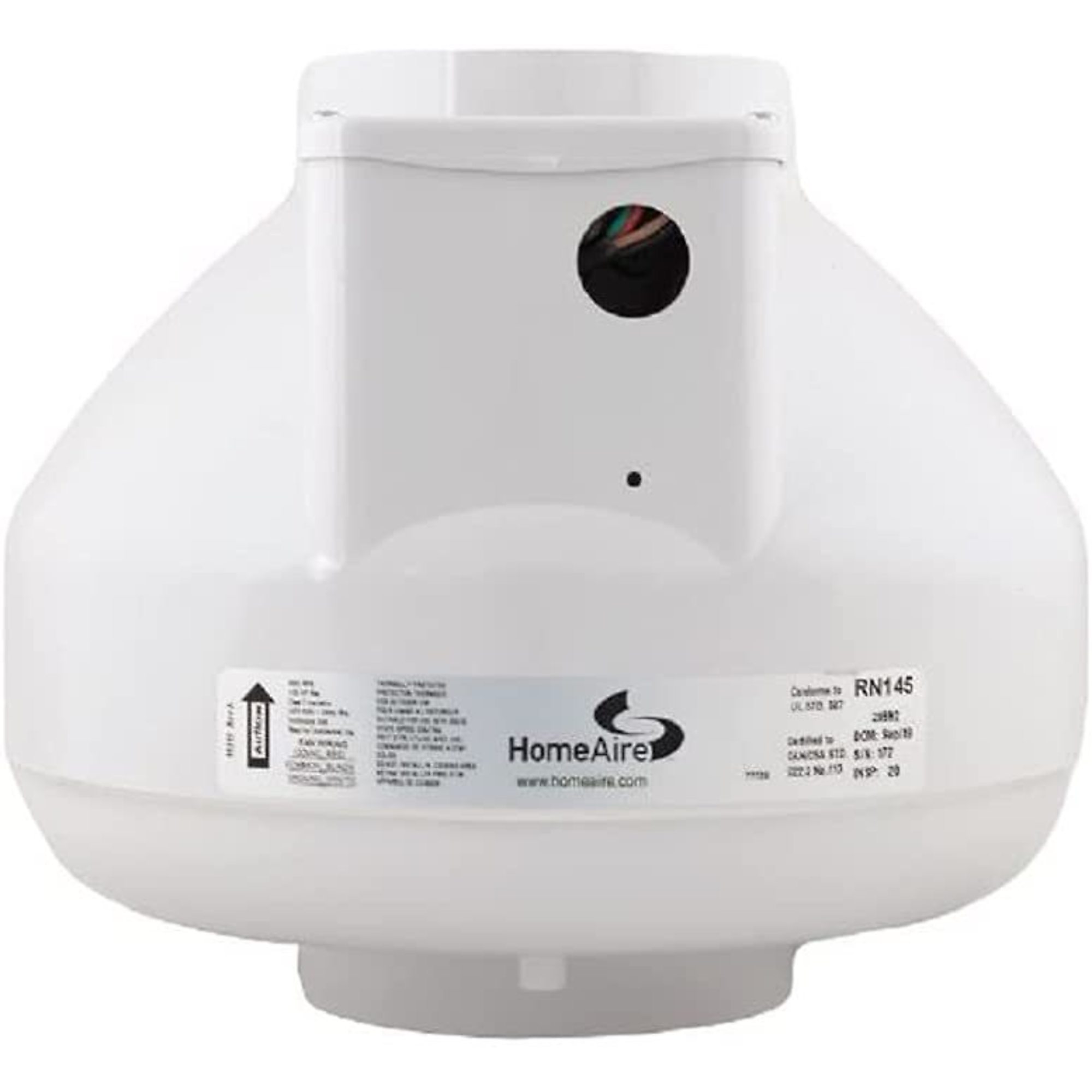 HomeAire, 4.5in., 168 CFM Radon Mitigation Fan, Drive Type Direct, Fan Diameter 4 in, Air Delivery 168 cfm, Model# RN145