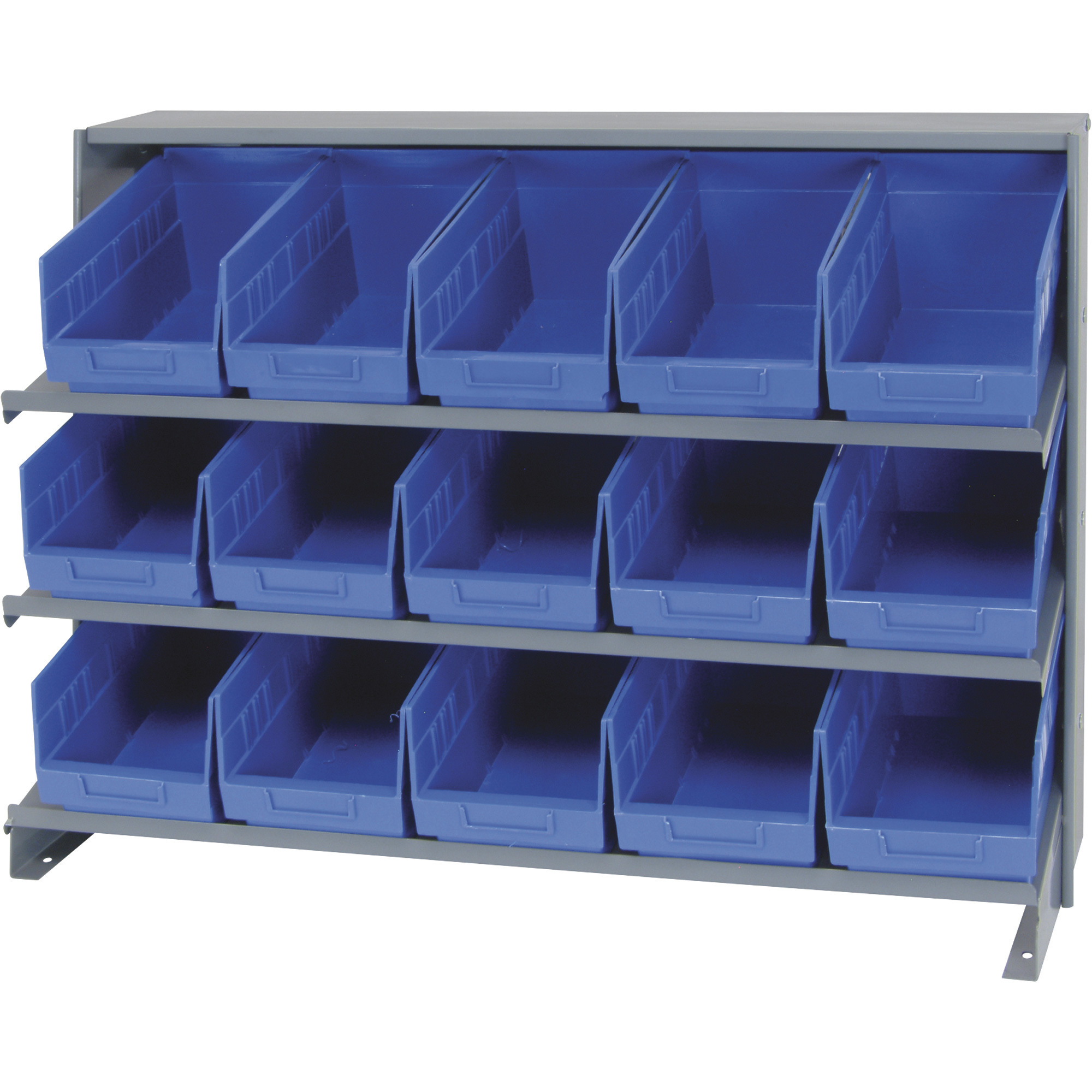 Quantum Storage Store-More Sloped Bench Rack Shelving Unit with 15 Bins —  36in.W x 12in.D x 21in.H, Blue, Model# QPRHA-202BL