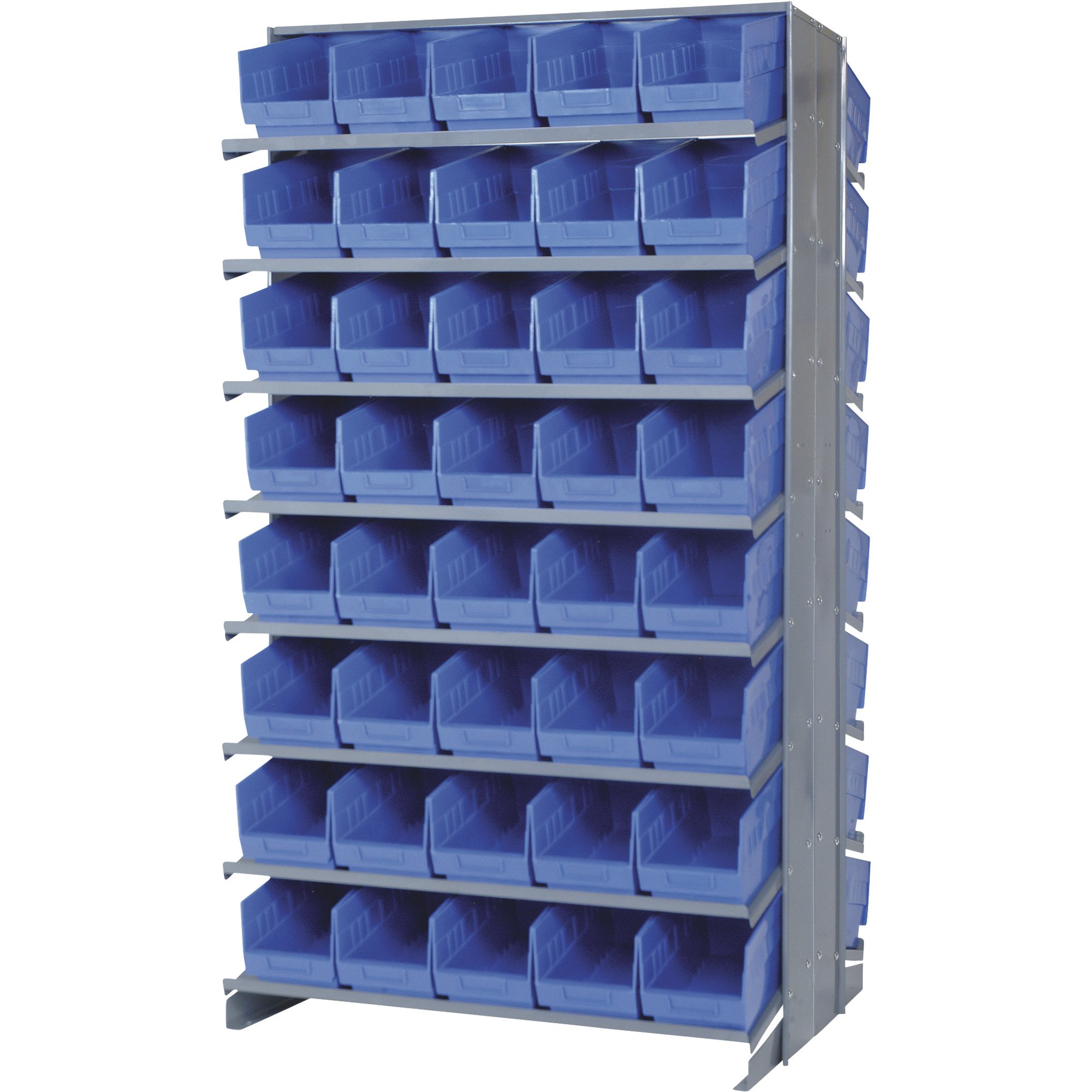 Quantum Double-Sided Store-More Pick Rack Shelf with Bins — 36in.W x 24in.D x 63 1/2in.H, Includes 80 11 5/8in.L x 6 5/8in.W x 6in.H Bins