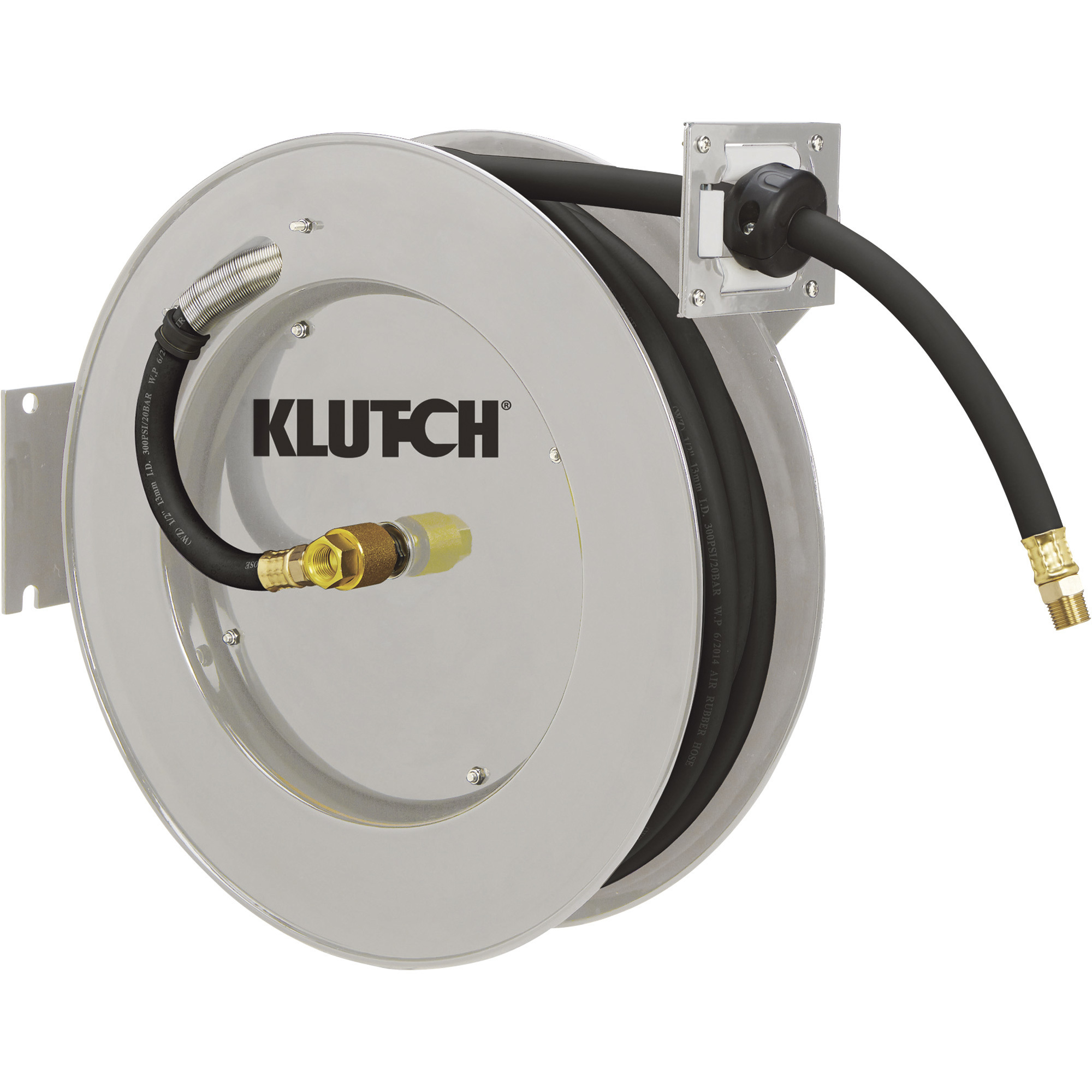 Klutch Heavy-Duty Auto Rewind Air Hose Reel, With 1/2in. x 50ft. Rubber Hose,  Max. 300 PSI