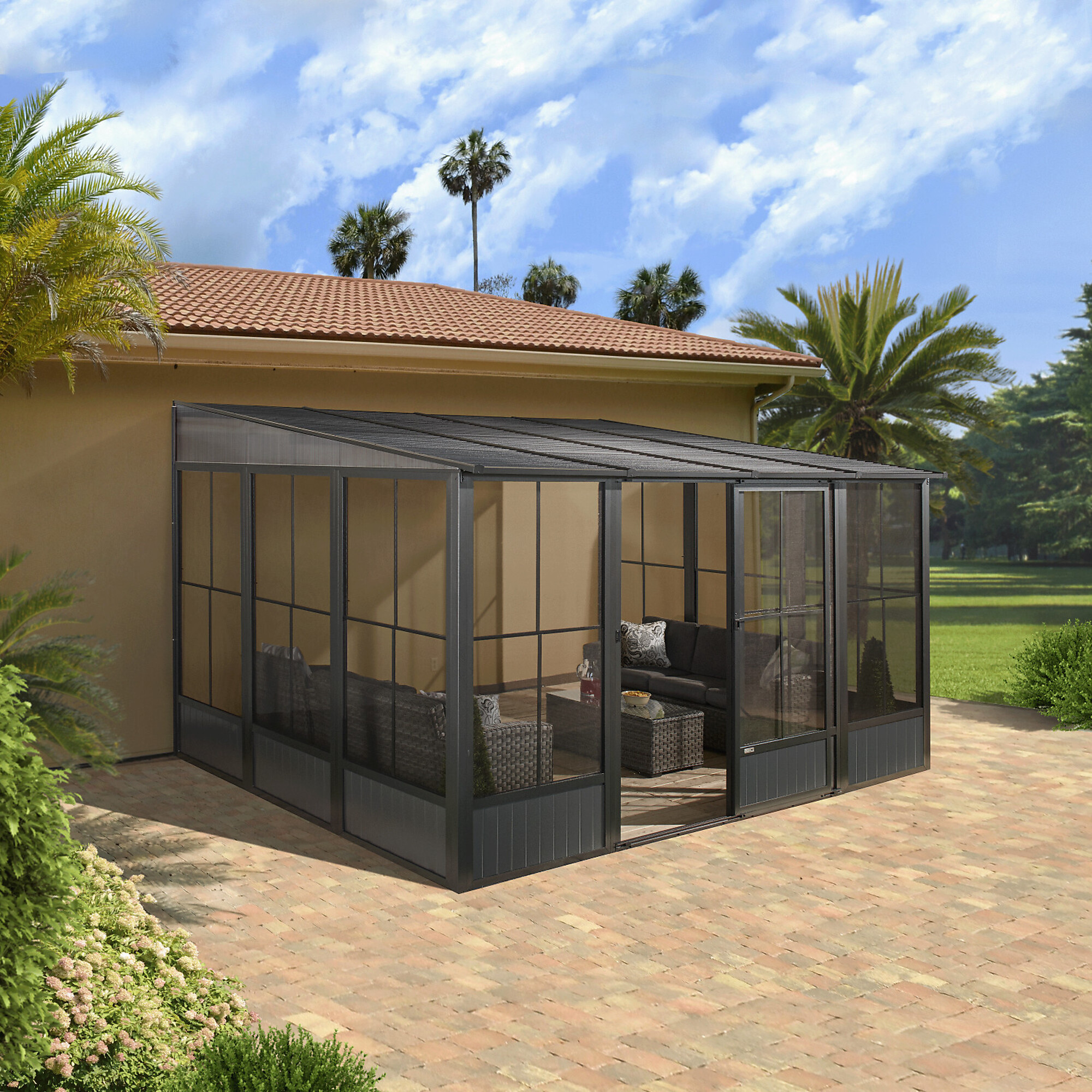 ShelterLogic Sojag Charleston Solarium Wall Unit - 10ft. x 13ft., Aluminum Frame, Galvanized Steel Roof, PVC Windows, Gray, Model# 440-9163025
