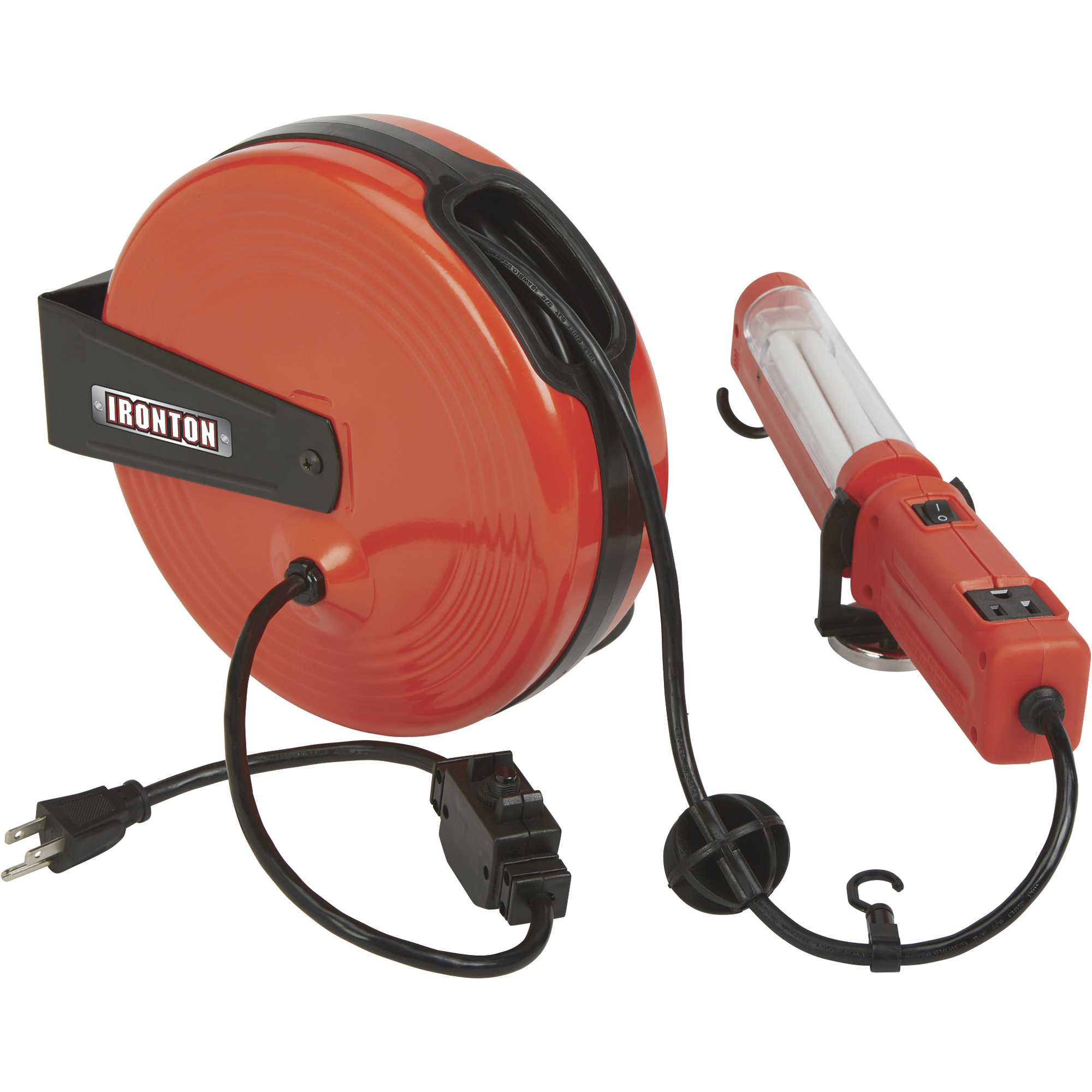 Ironton Retractable Extension Cord Reel with Worklight, 40ft., 18/3,  Fluorescent Light