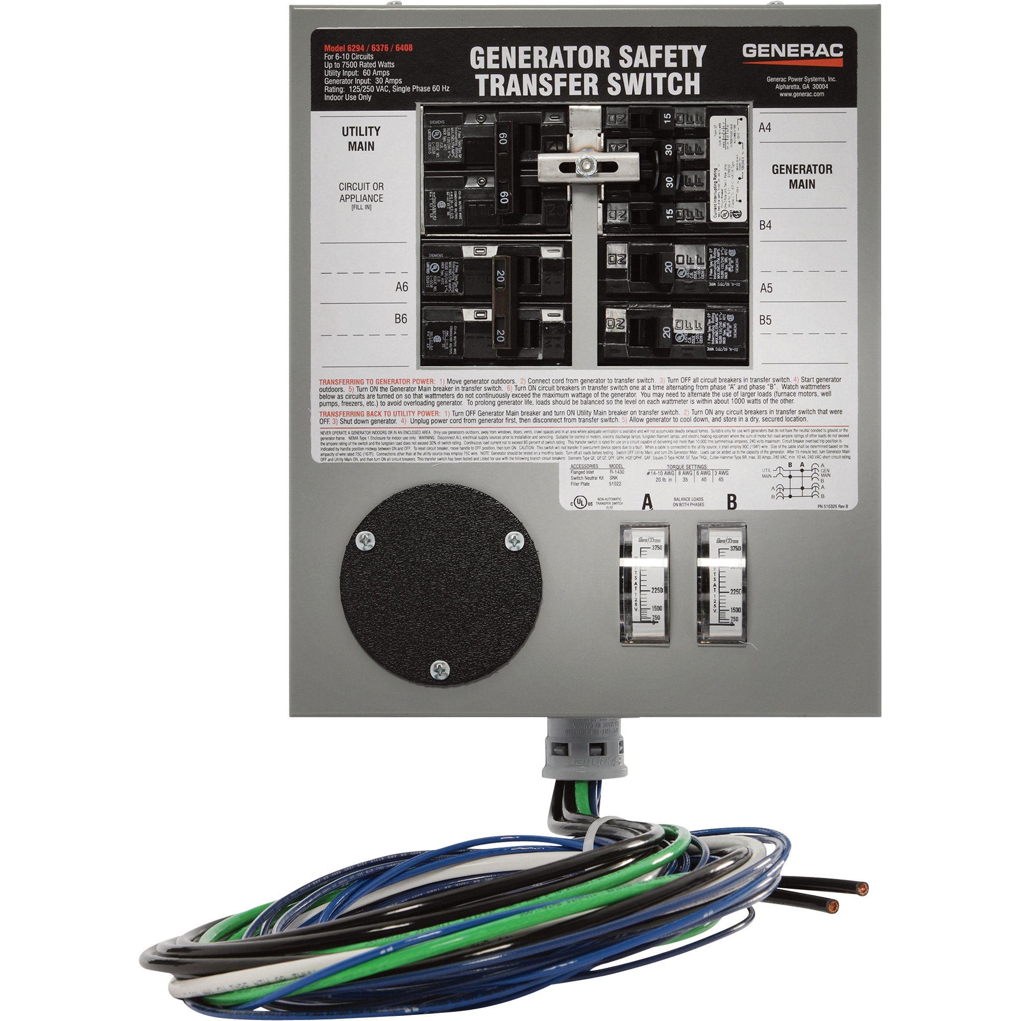 Generac Manual Prewired Transfer Switch — 30 Amps, 125/250 Volts, 6 Circuits, Model# 6376