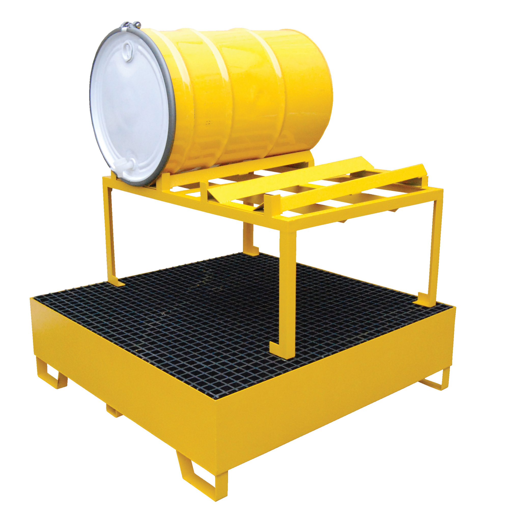 Vestil Horizontal Drum Retention Basin - 49in. x 49in. x 32in., Steel, 2-Drum Capacity, Fork Pockets, Model# HSRB-YL-2