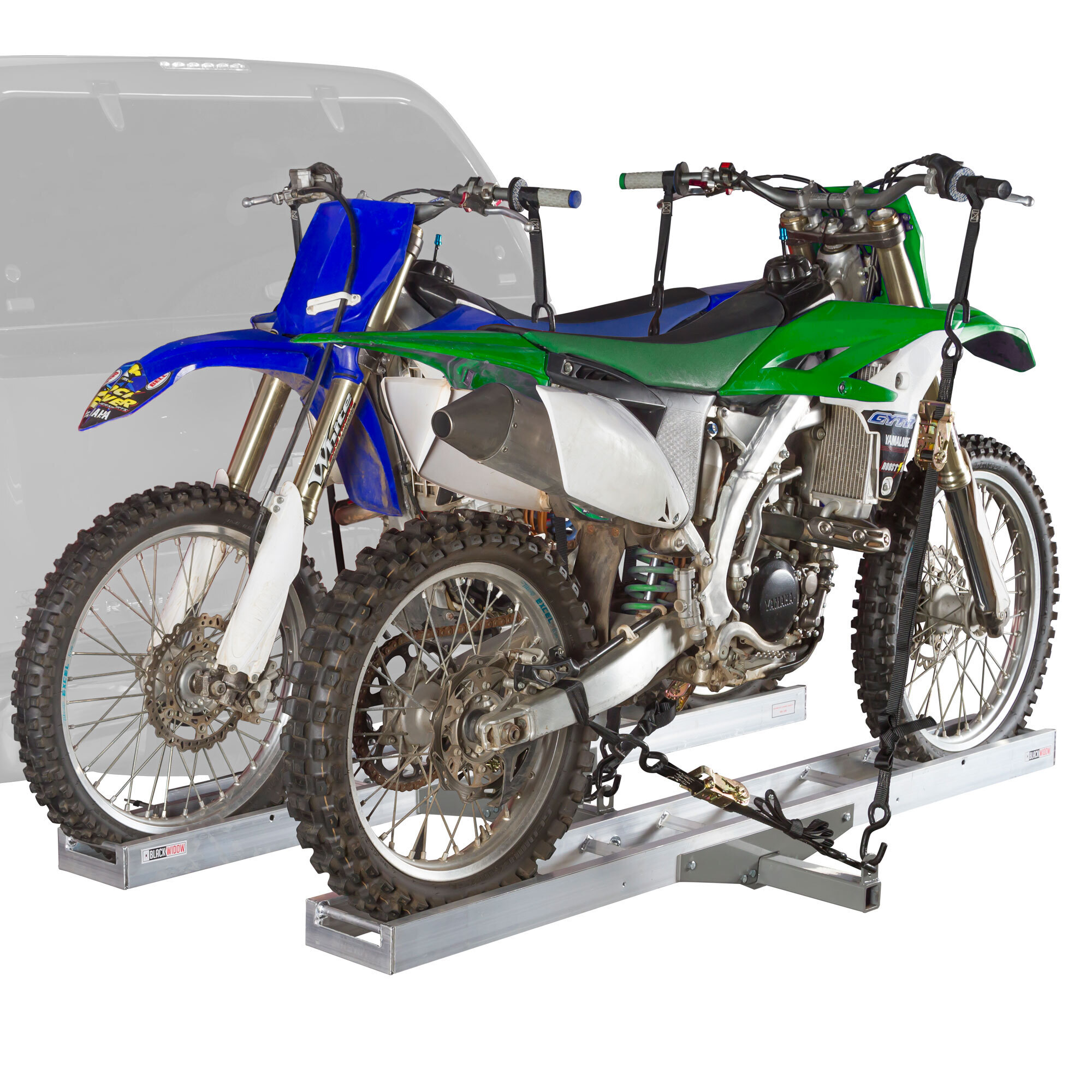 Black Widow, Alum. Double Motorcycle Carrier, Capacity 600 lb, Receiver Size 2 in, Material Aluminum, Model# AMC-600-2